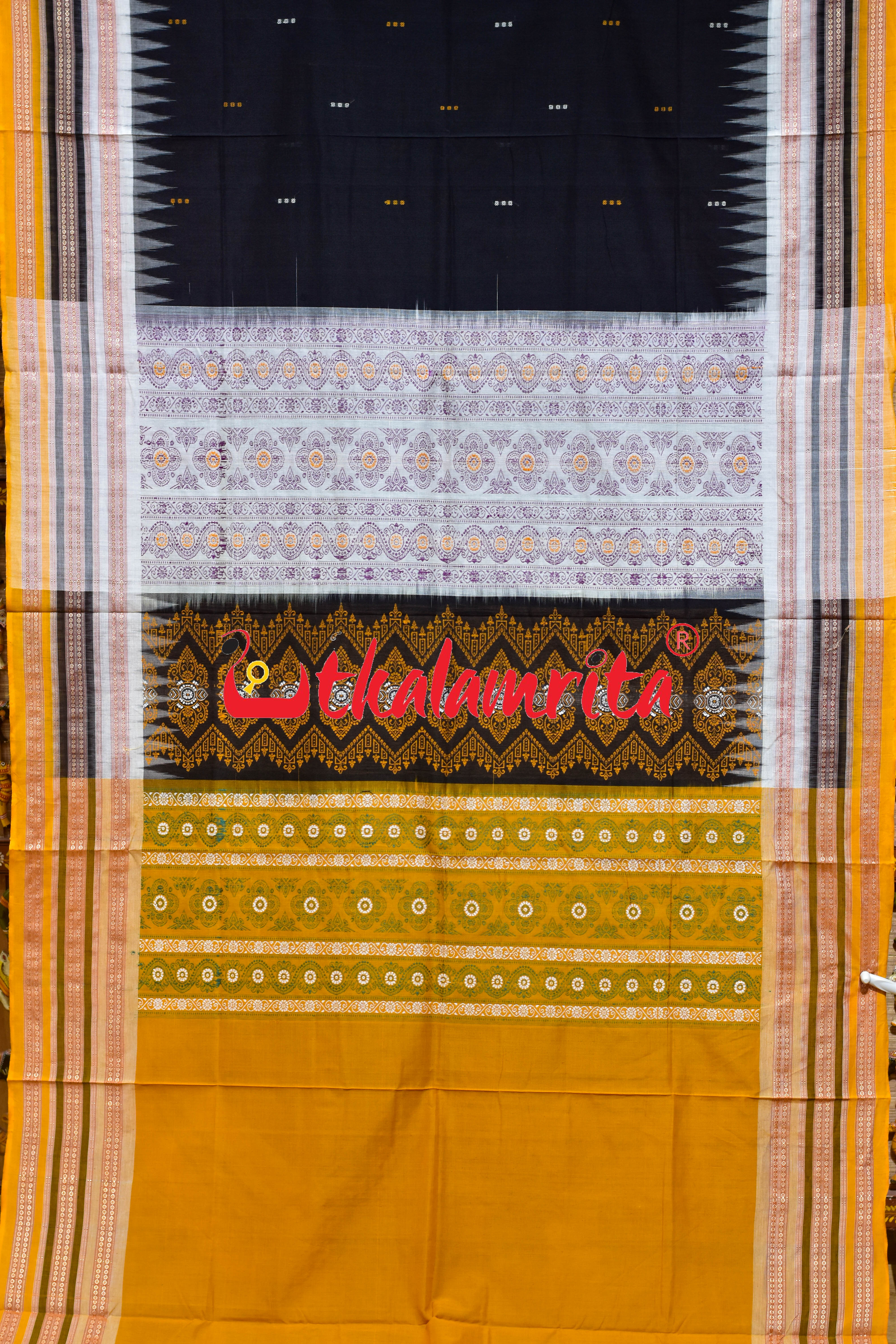 Black Yellow Triple Dhadi Bomkai Cotton Saree