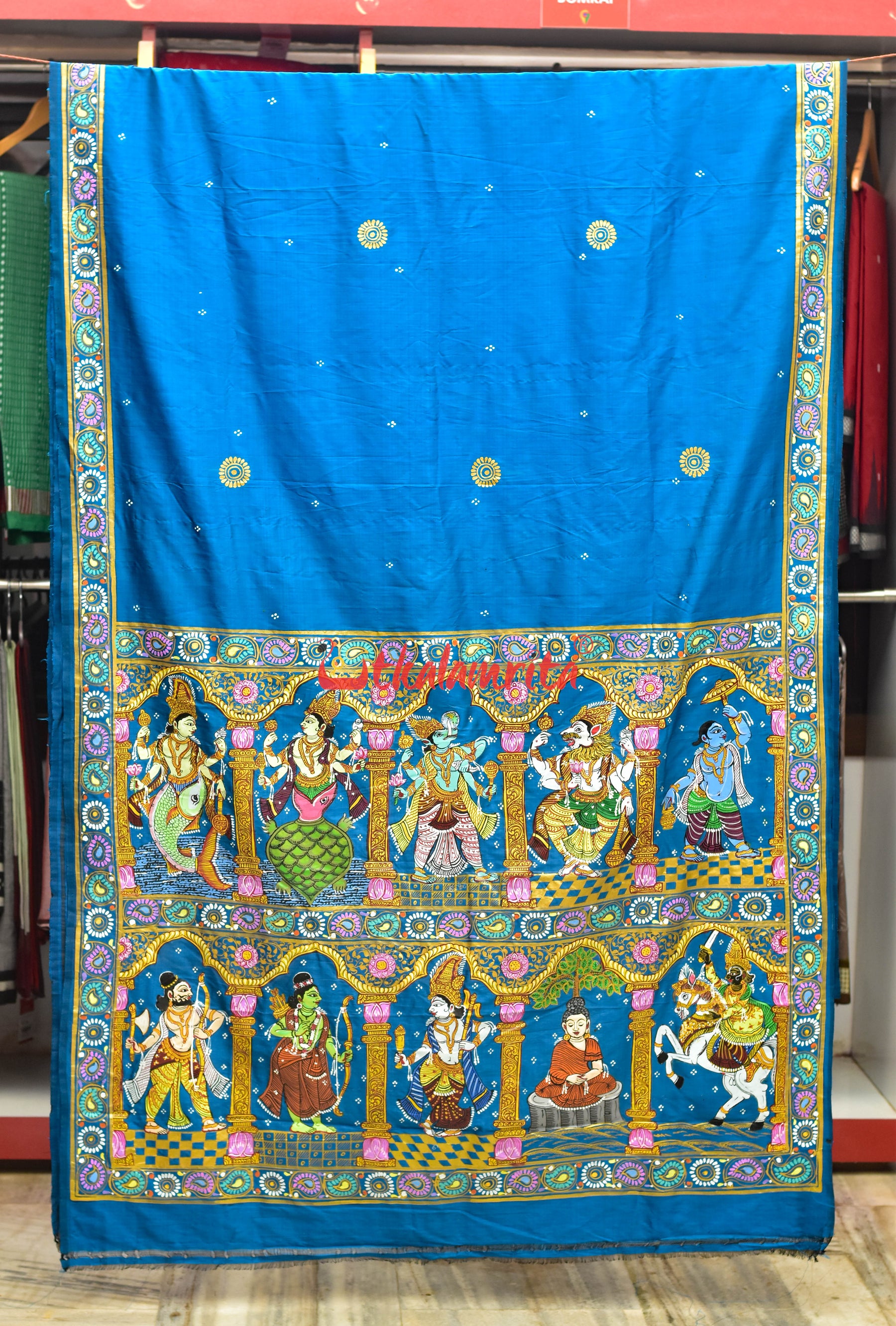 Cobalt Blue Dasabatar Pattachitra Silk Saree