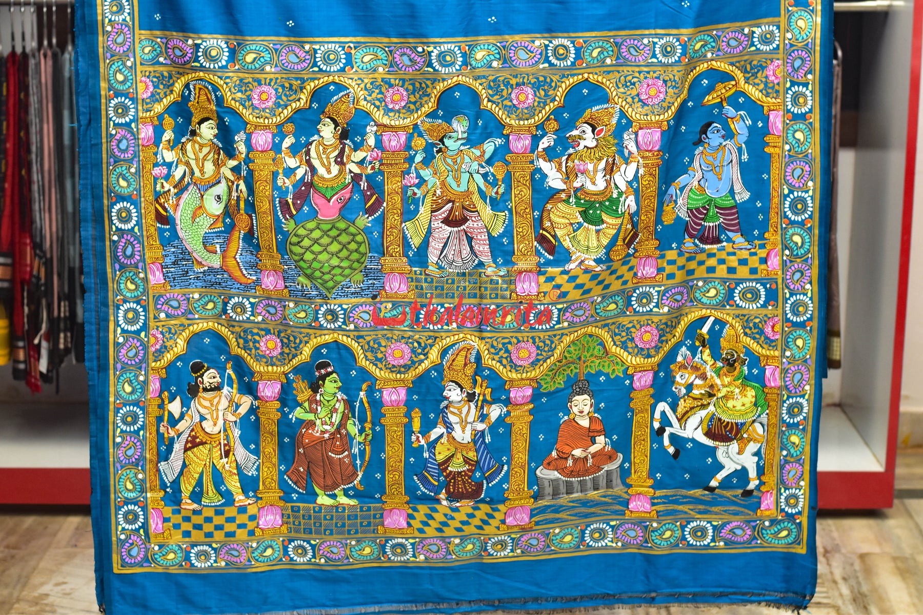 Cobalt Blue Dasabatar Pattachitra Silk Saree