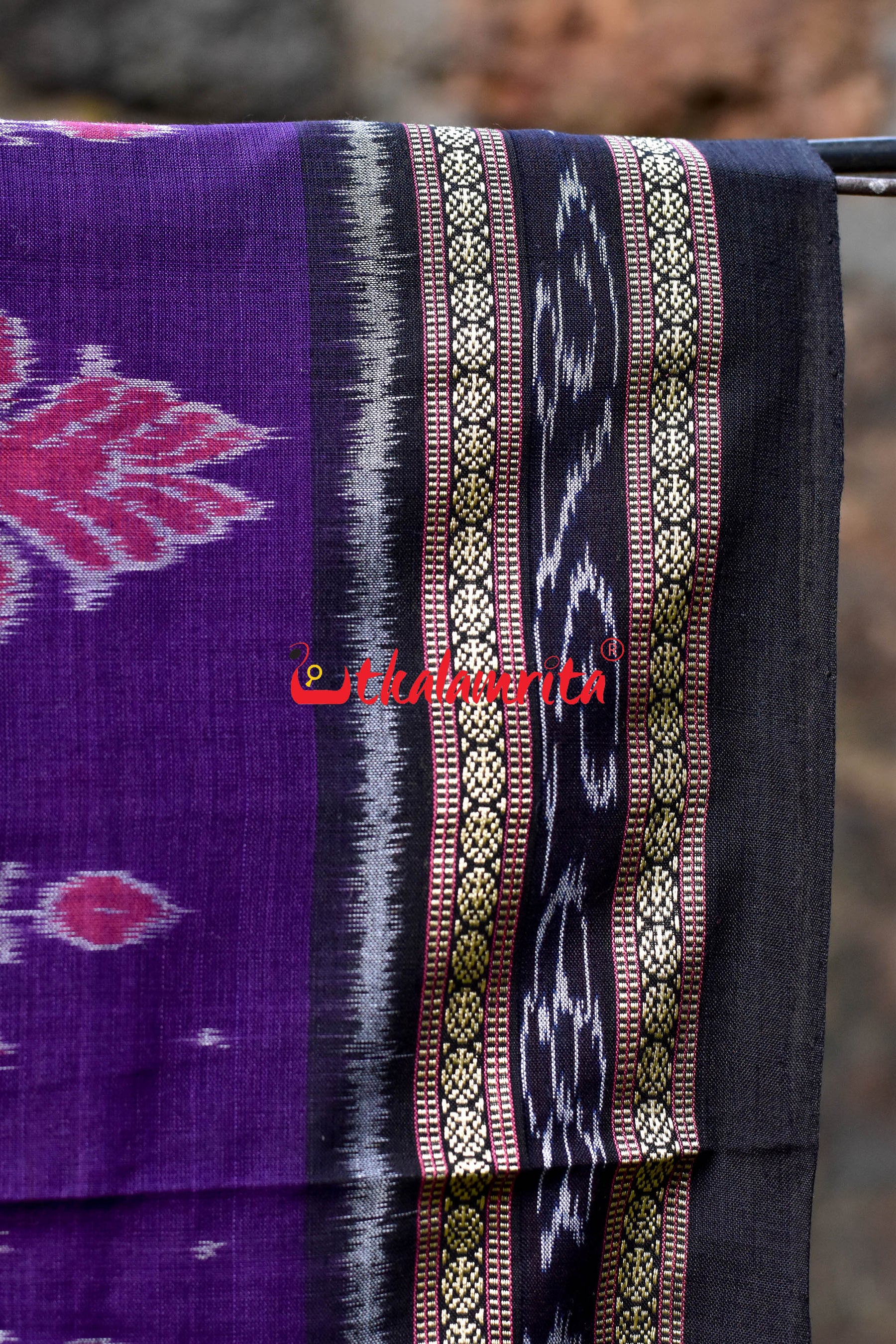 Purple Black Peacocks Khandua Cotton Saree