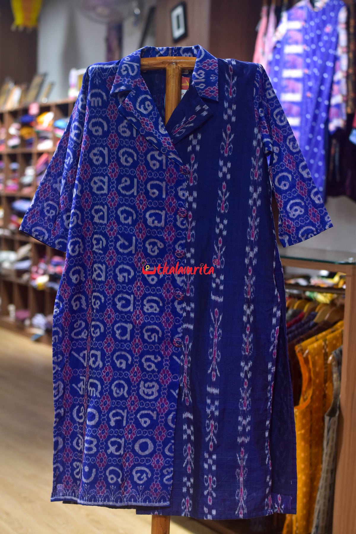 Blue Kadha Pasapali Half Half Blazer Neck Odia Letters (Ladies' Kurti)
