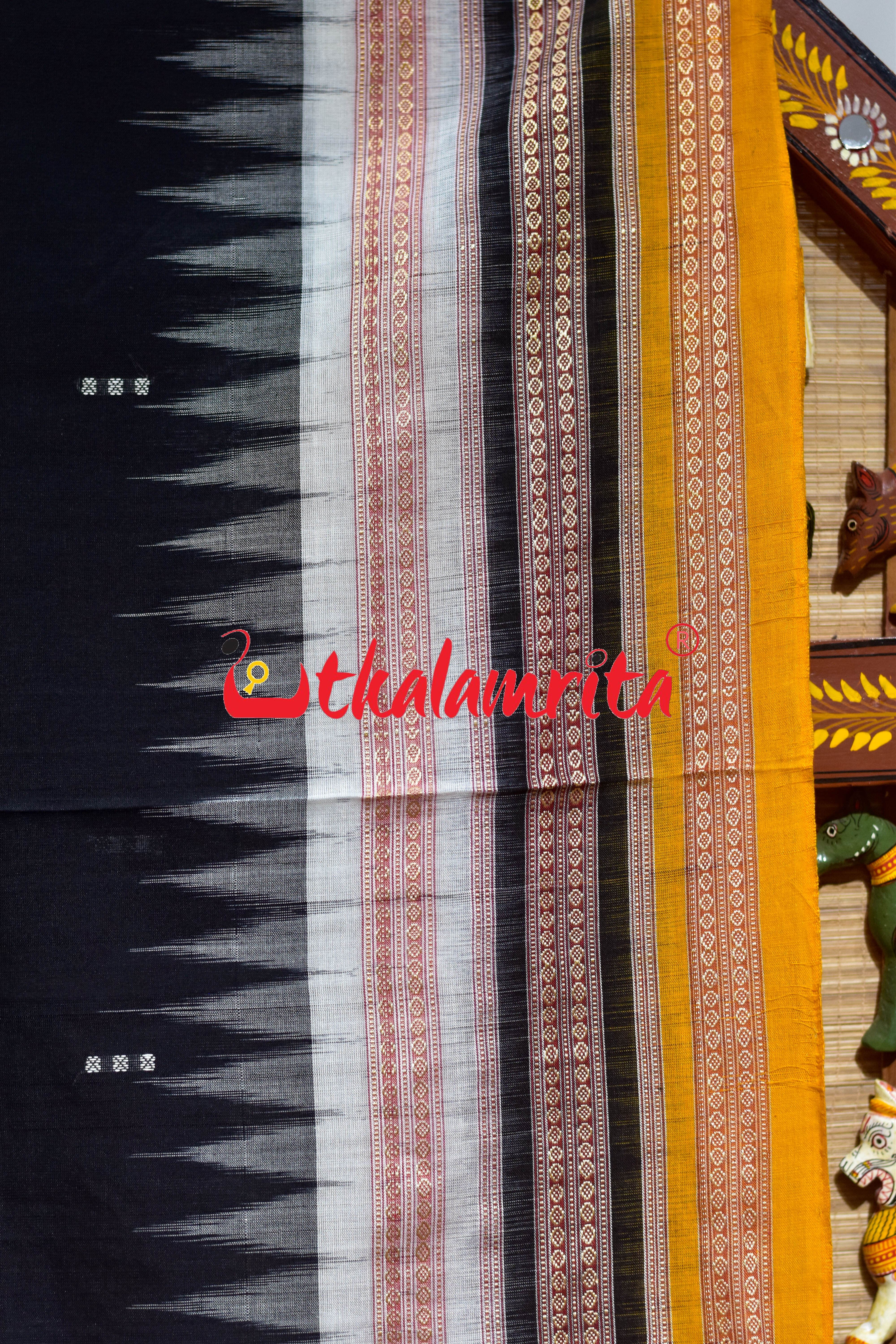 Black Yellow Triple Dhadi Bomkai Cotton Saree