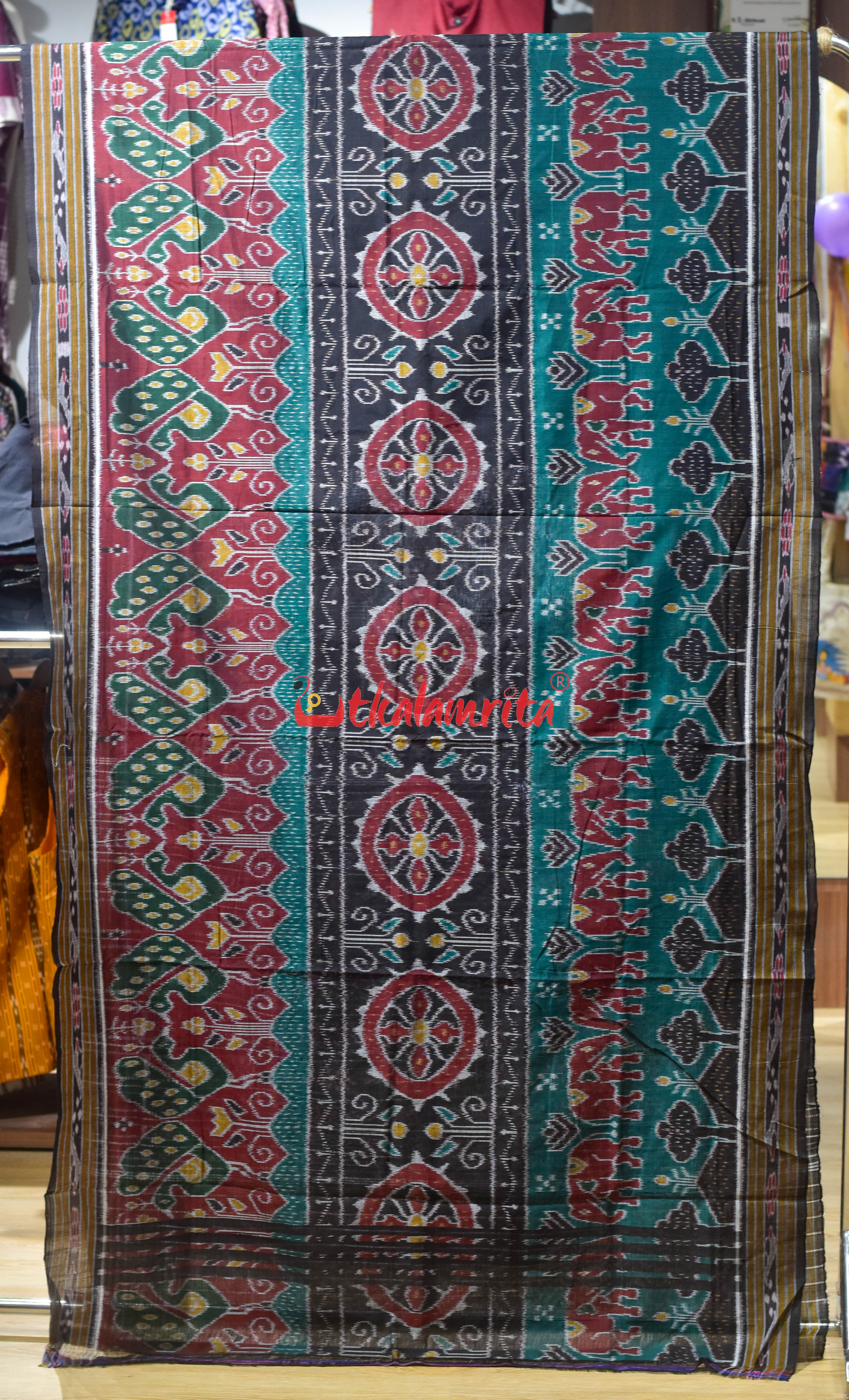 Black Elephant Scenery Khandua Cotton Saree