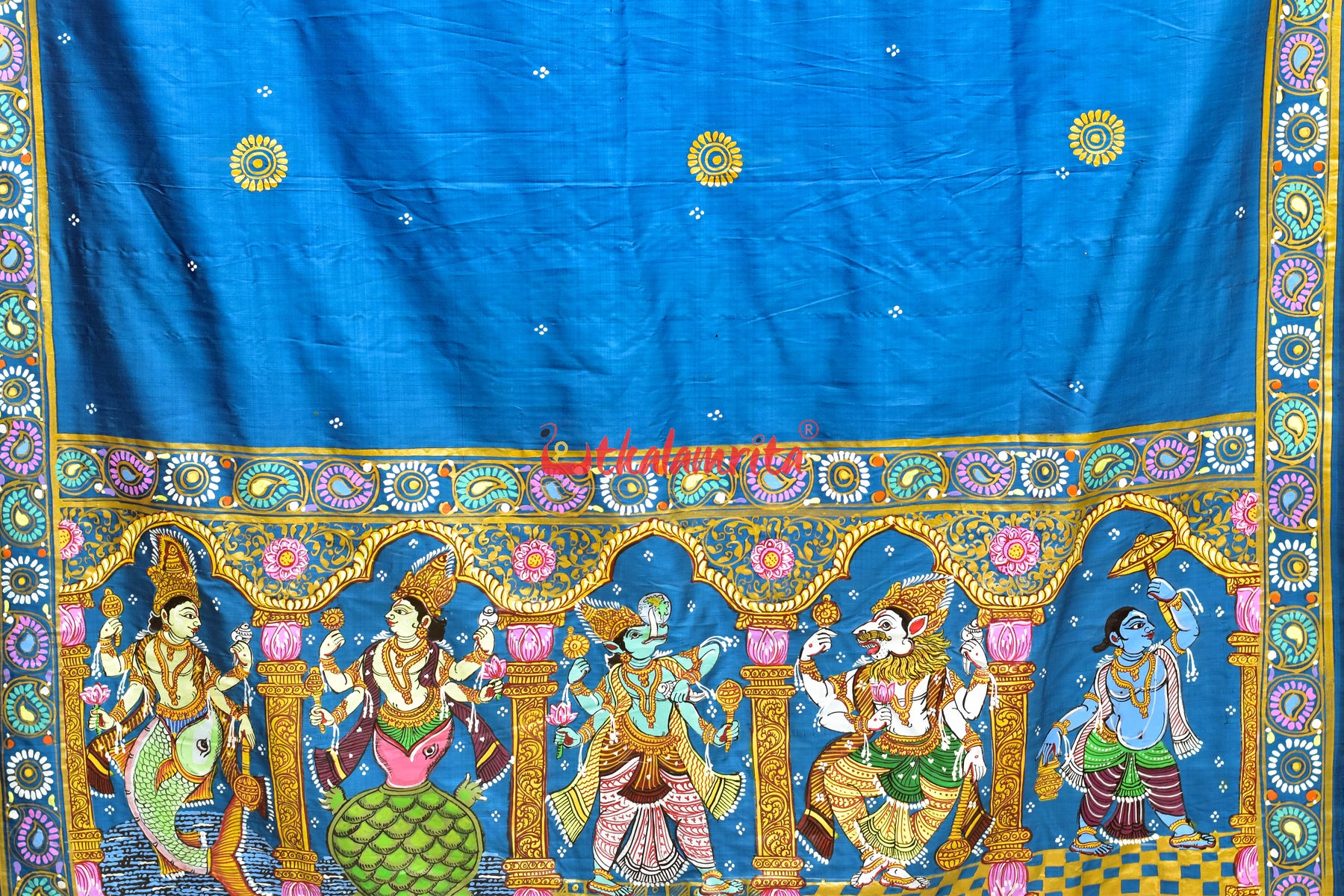 Cobalt Blue Dasabatar Pattachitra Silk Saree
