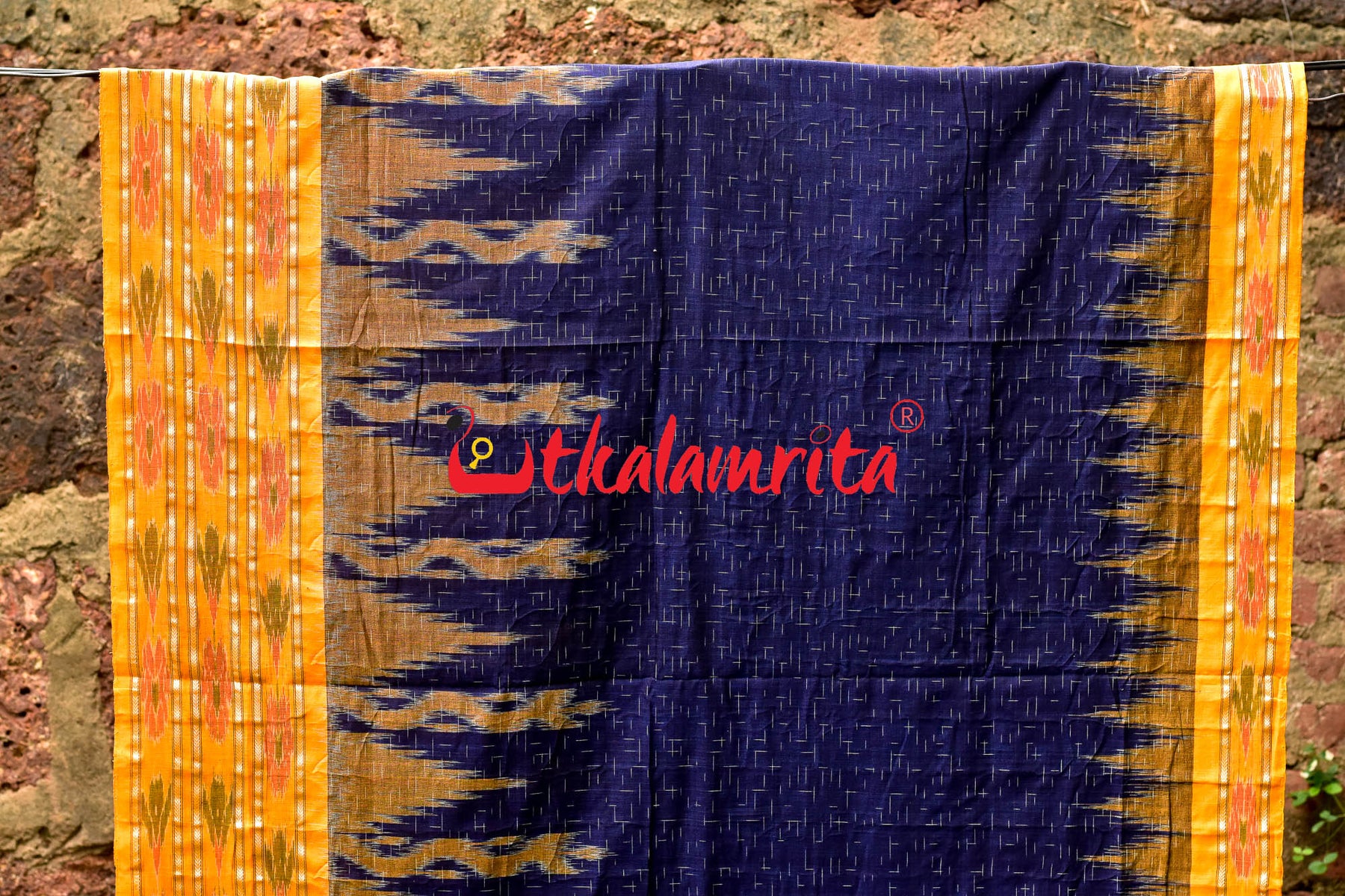 Blue Yellow Daali Scot Khandua Cotton Saree