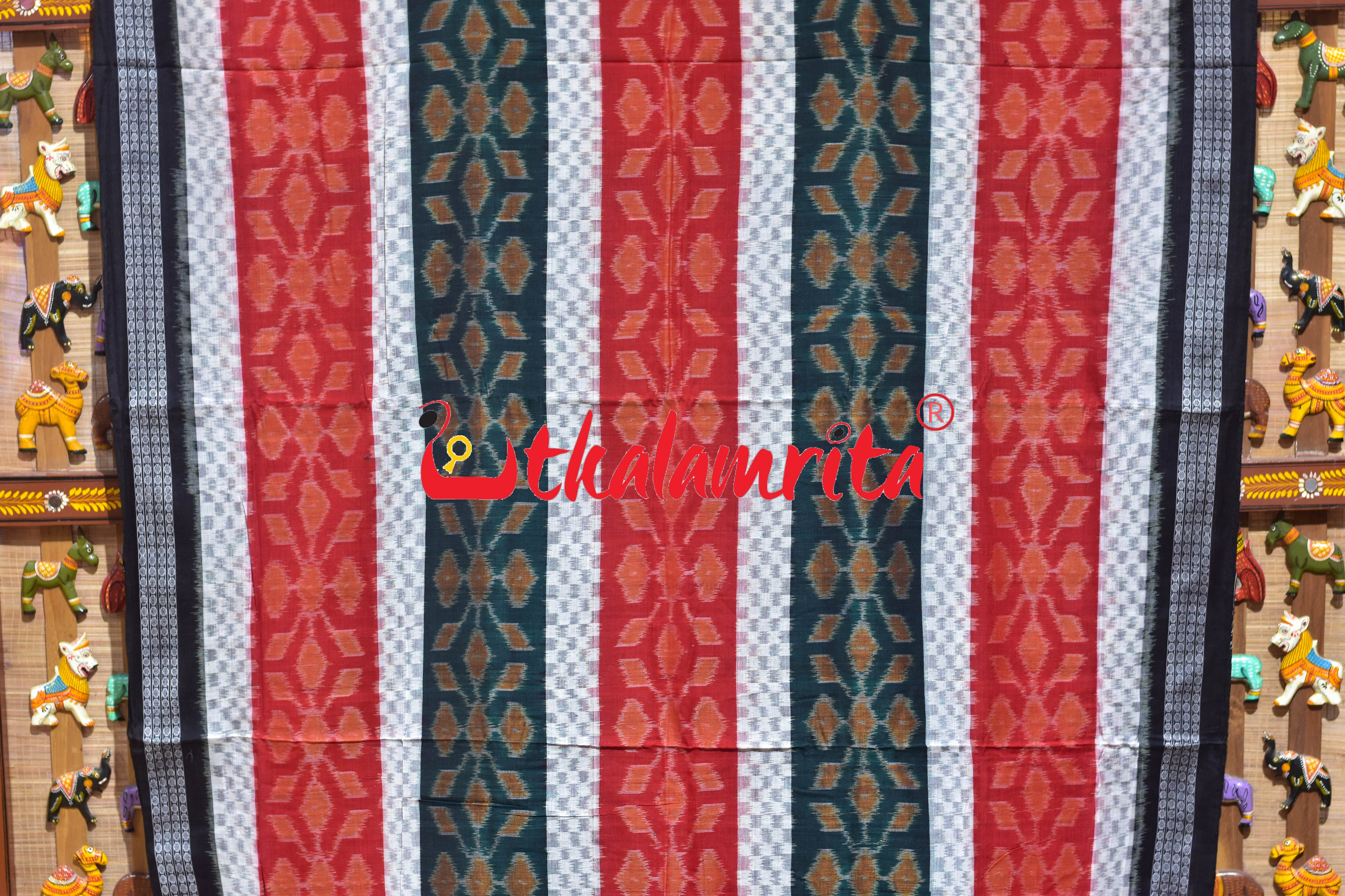 Egara Dhadiya Red Green White Sambalpuri Cotton Saree