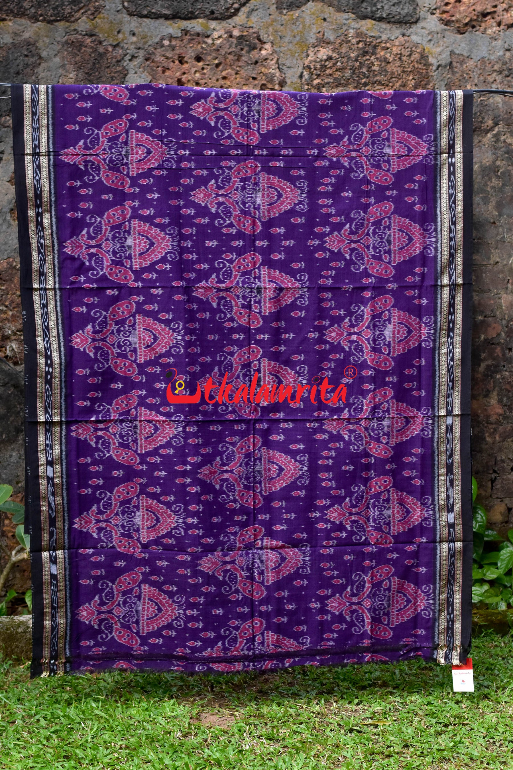 Purple Black Peacocks Khandua Cotton Saree