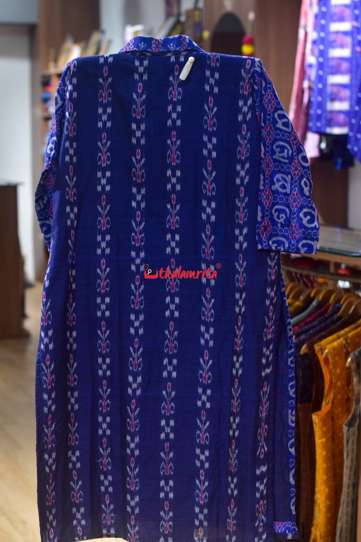 Blue Kadha Pasapali Half Half Blazer Neck Odia Letters (Ladies' Kurti)