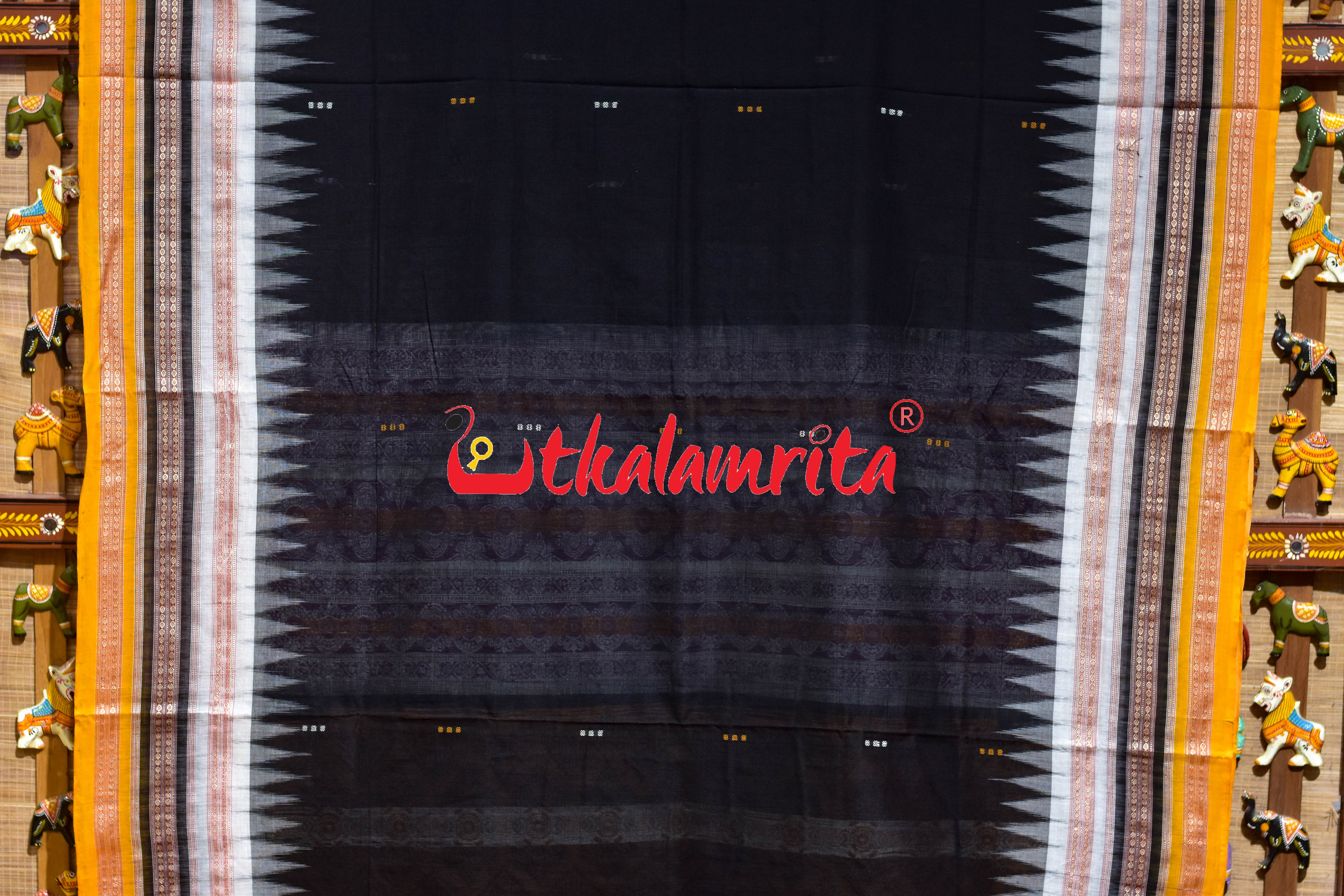 Black Yellow Triple Dhadi Bomkai Cotton Saree