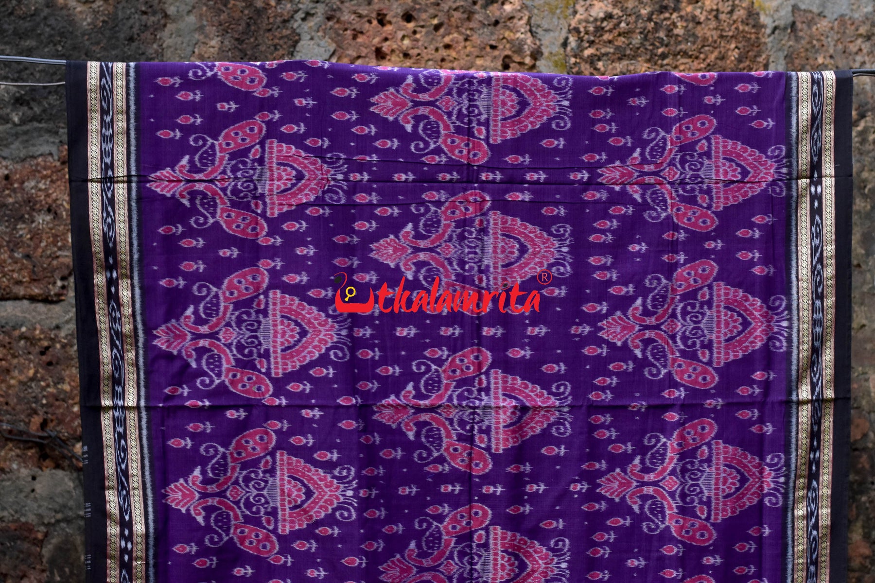Purple Black Peacocks Khandua Cotton Saree