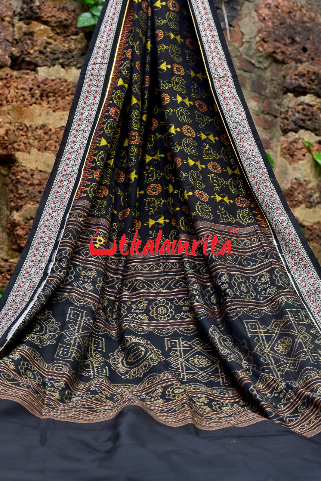 Black Tribal Flower Sambalpuri Cotton Saree
