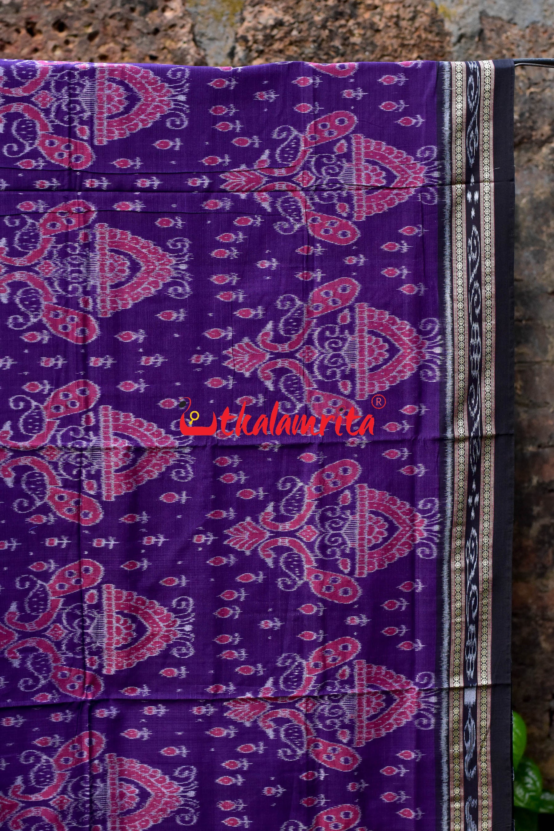 Purple Black Peacocks Khandua Cotton Saree