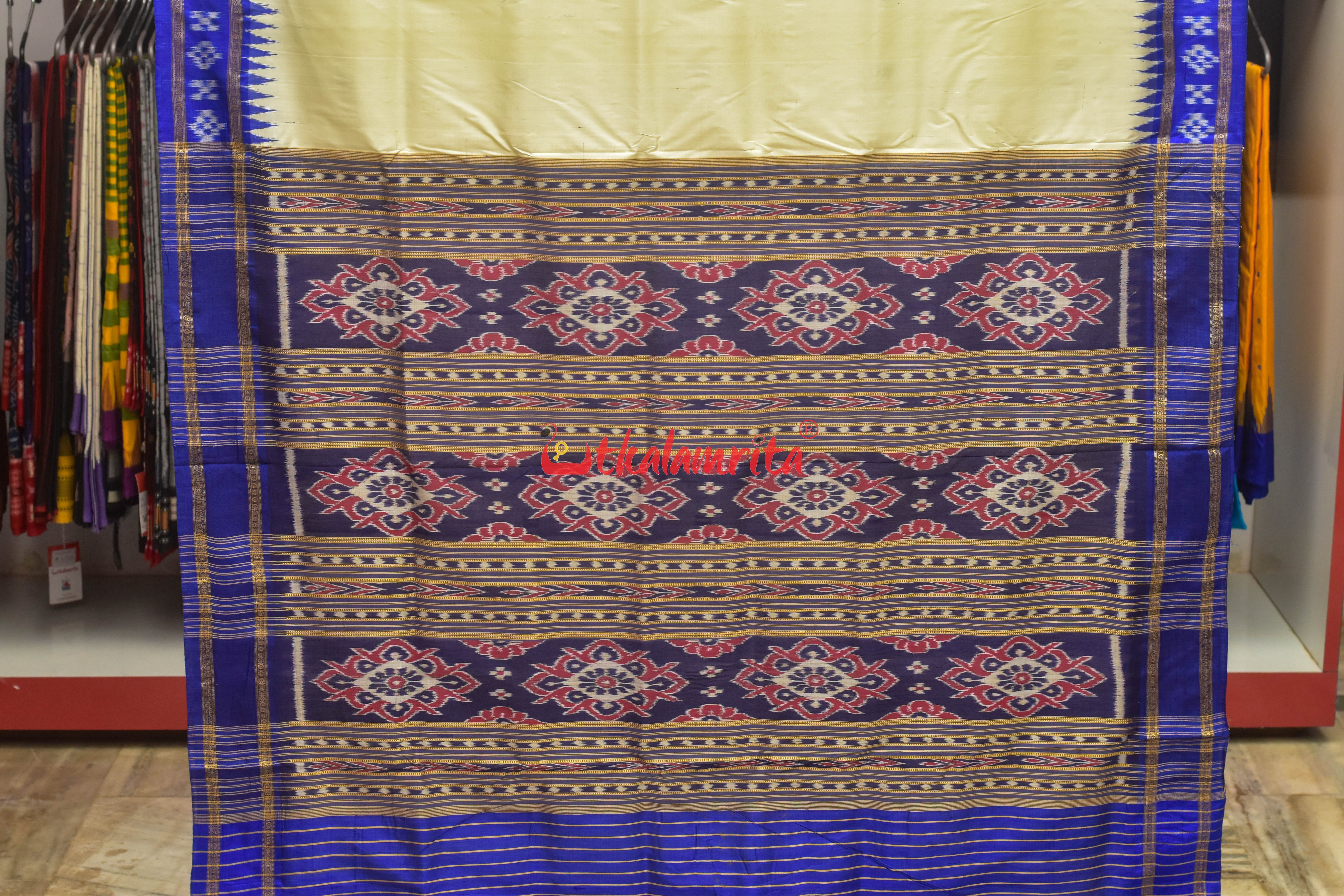 White Blue Pasapali Khandua Silk Saree