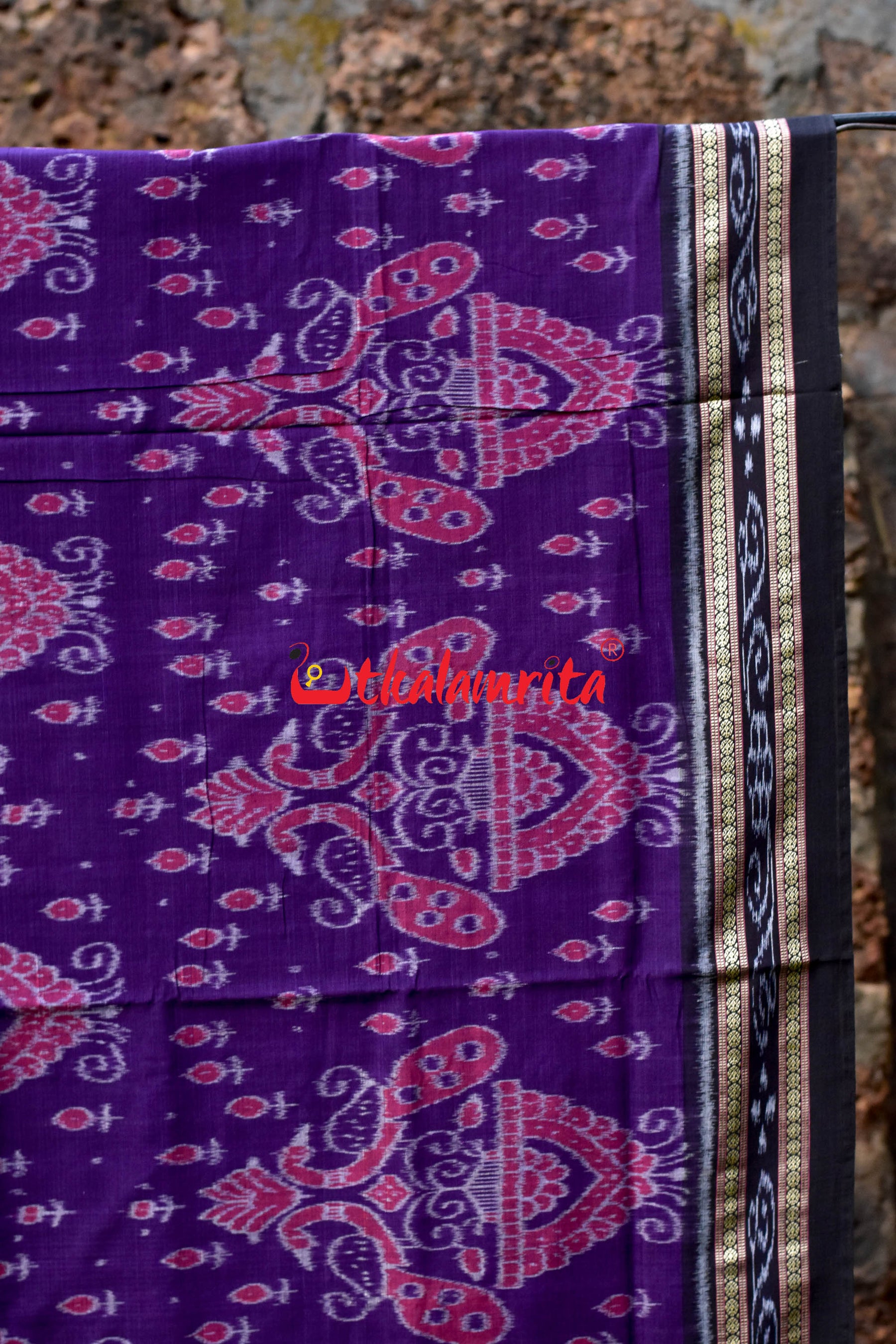 Purple Black Peacocks Khandua Cotton Saree