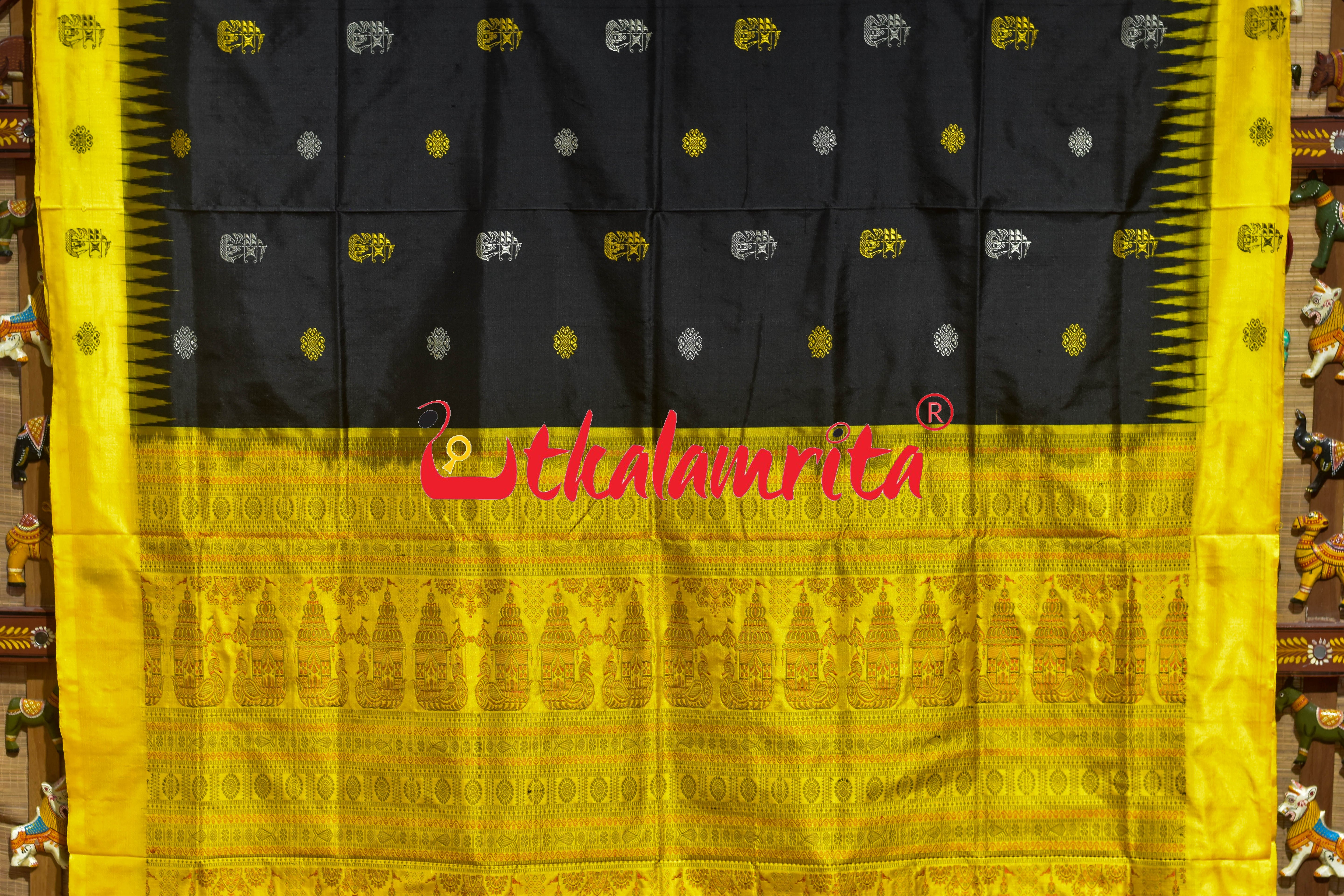 Black Yellow Boita Bomkai Silk Saree