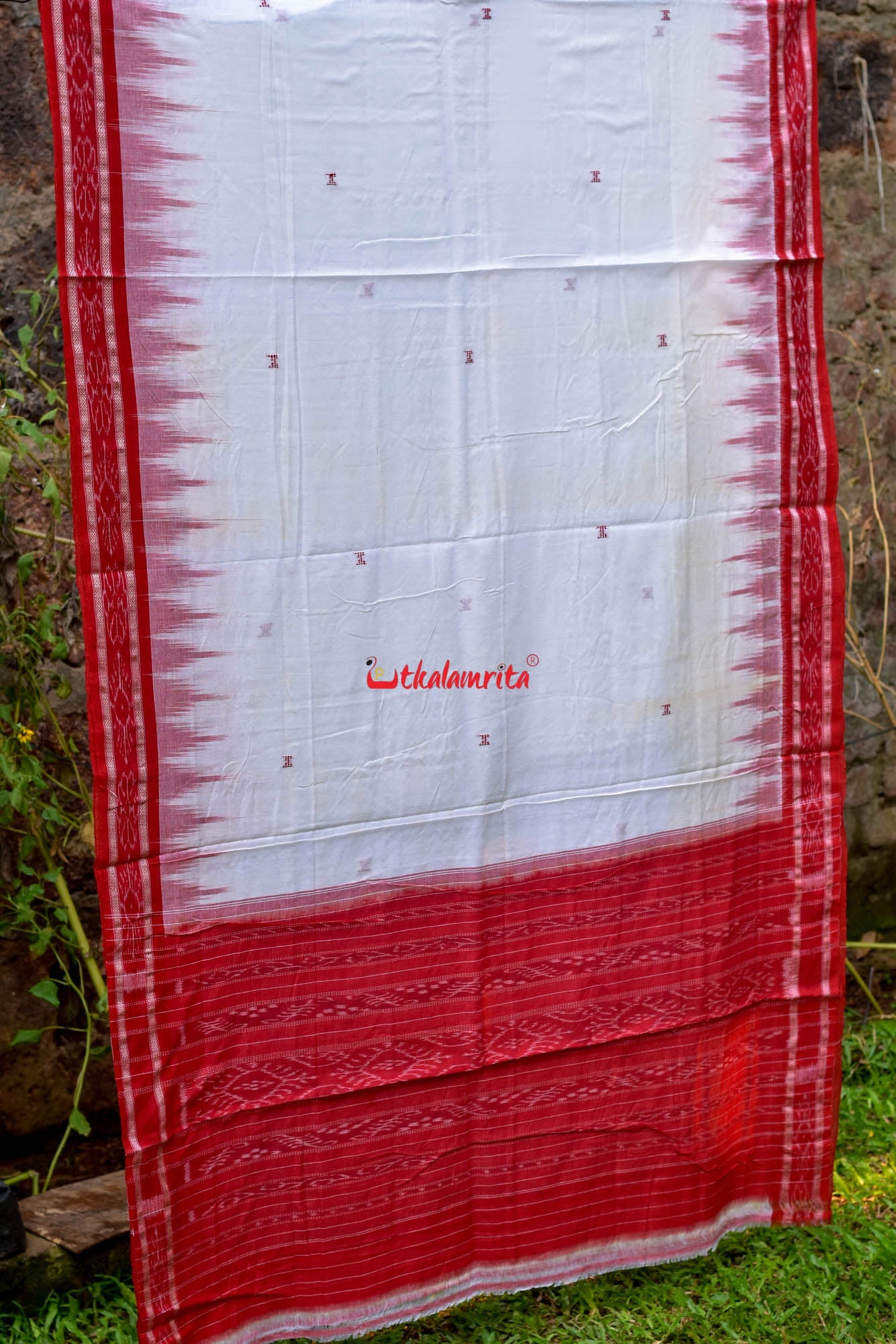 White Red Buti Kumbha Cotton Saree