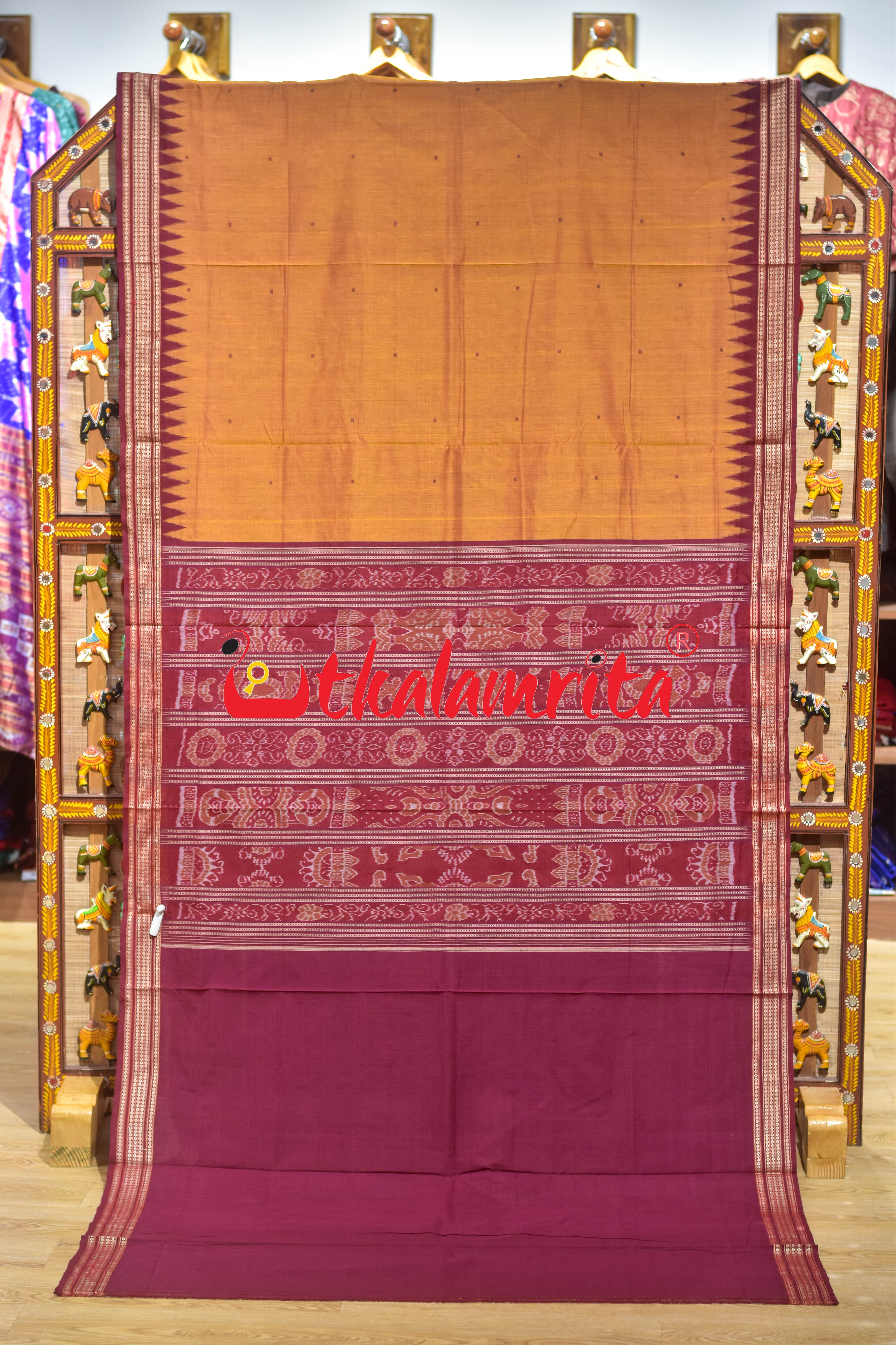 Mustard Black Buti Bomkai Cotton Saree