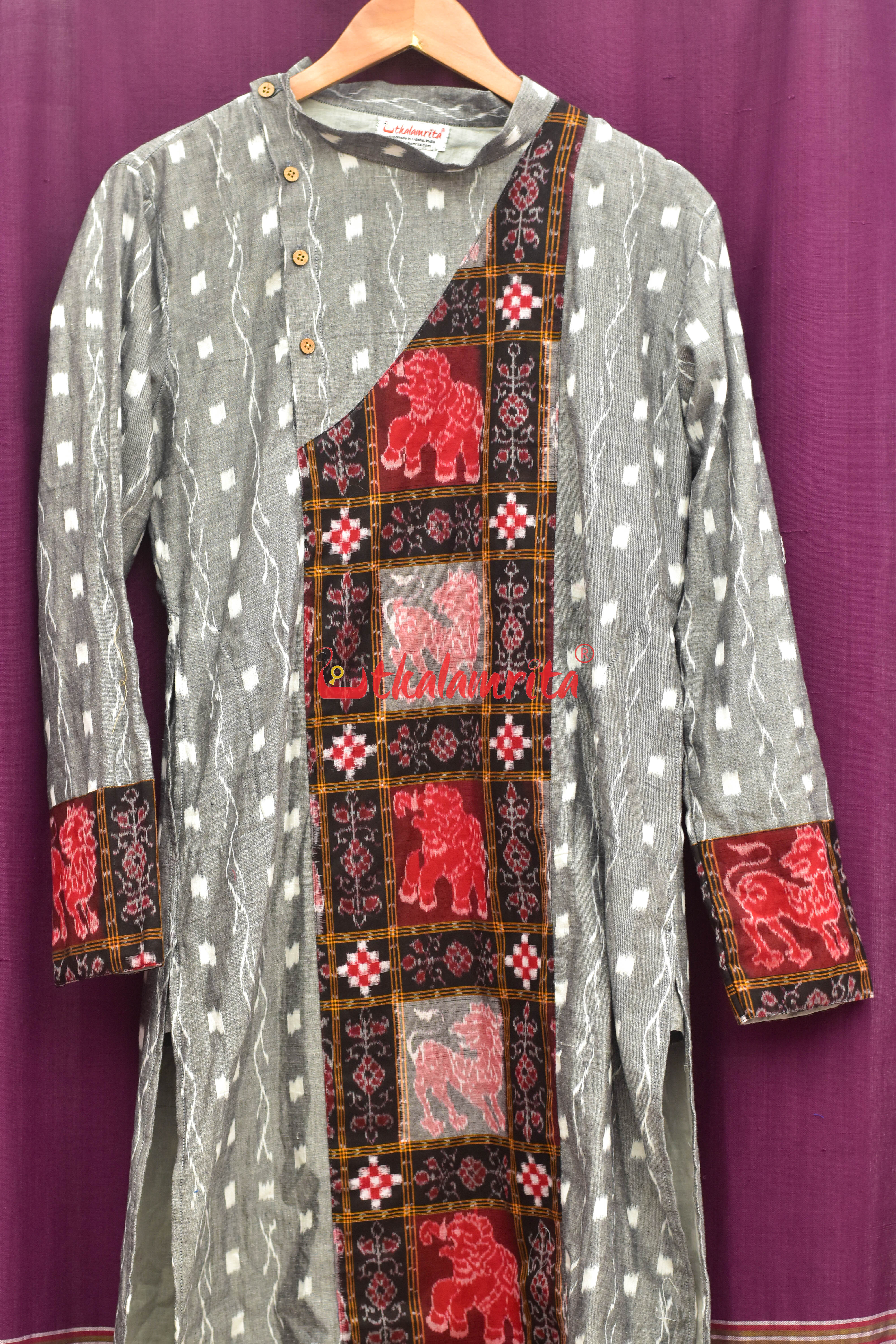 Grey Tipa with Red Elephants Asymmetric (Men's Full Kurta)