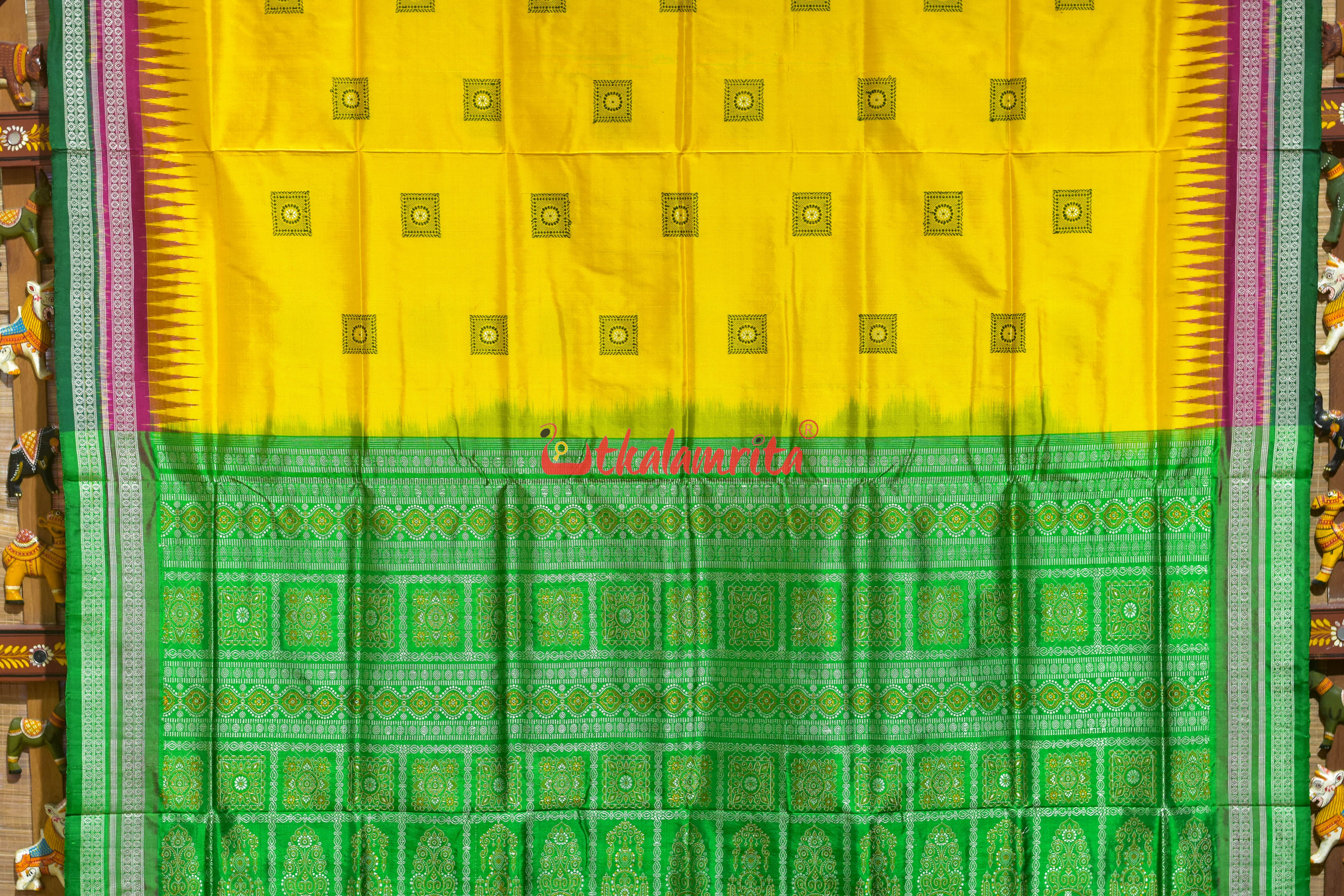 Yellow Rani Green Double Border Bomkai Silk Saree