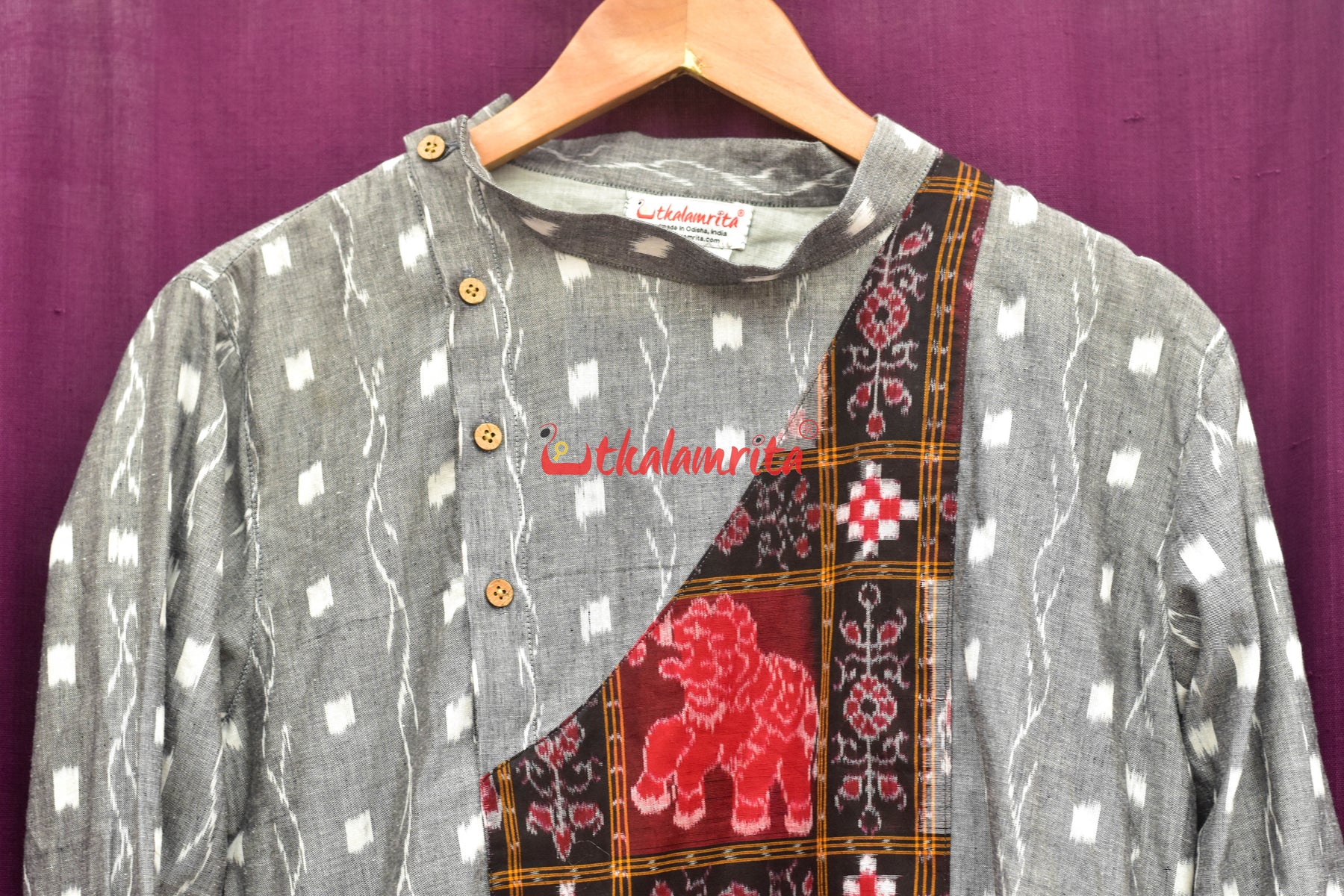 Grey Tipa with Red Elephants Asymmetric (Men's Full Kurta)