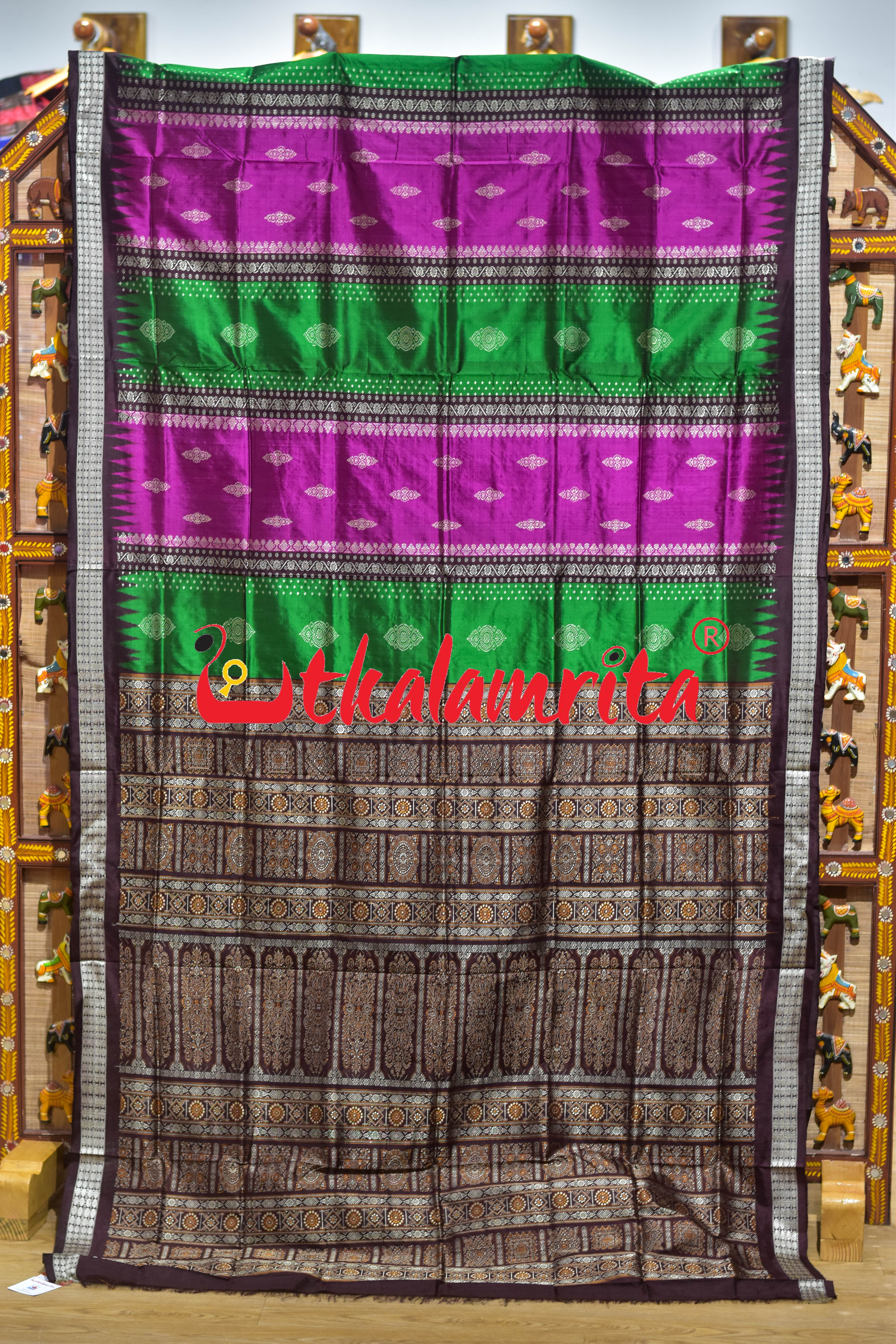 Peri Peri Green Rani Bomkai Silk Saree