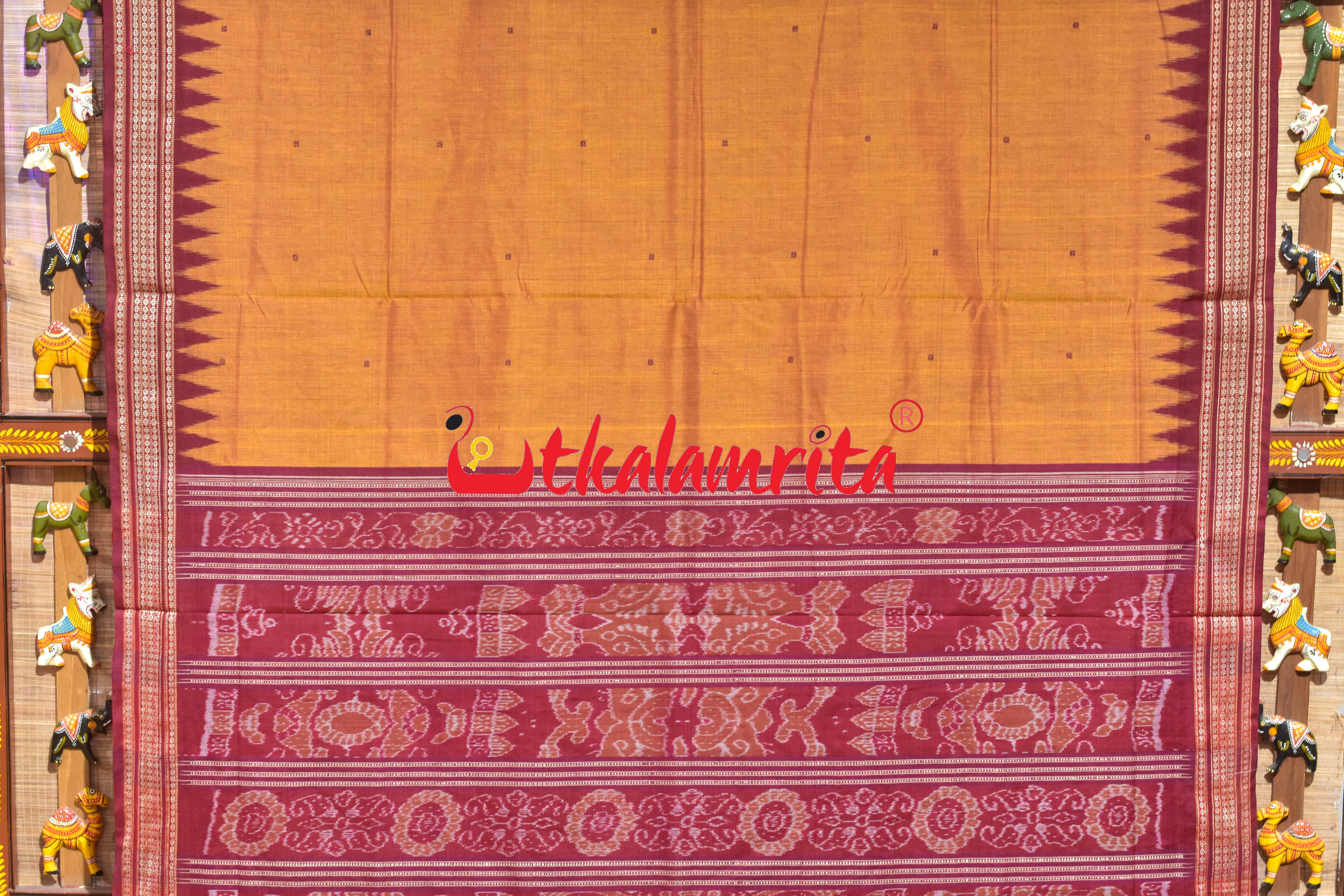 Mustard Black Buti Bomkai Cotton Saree