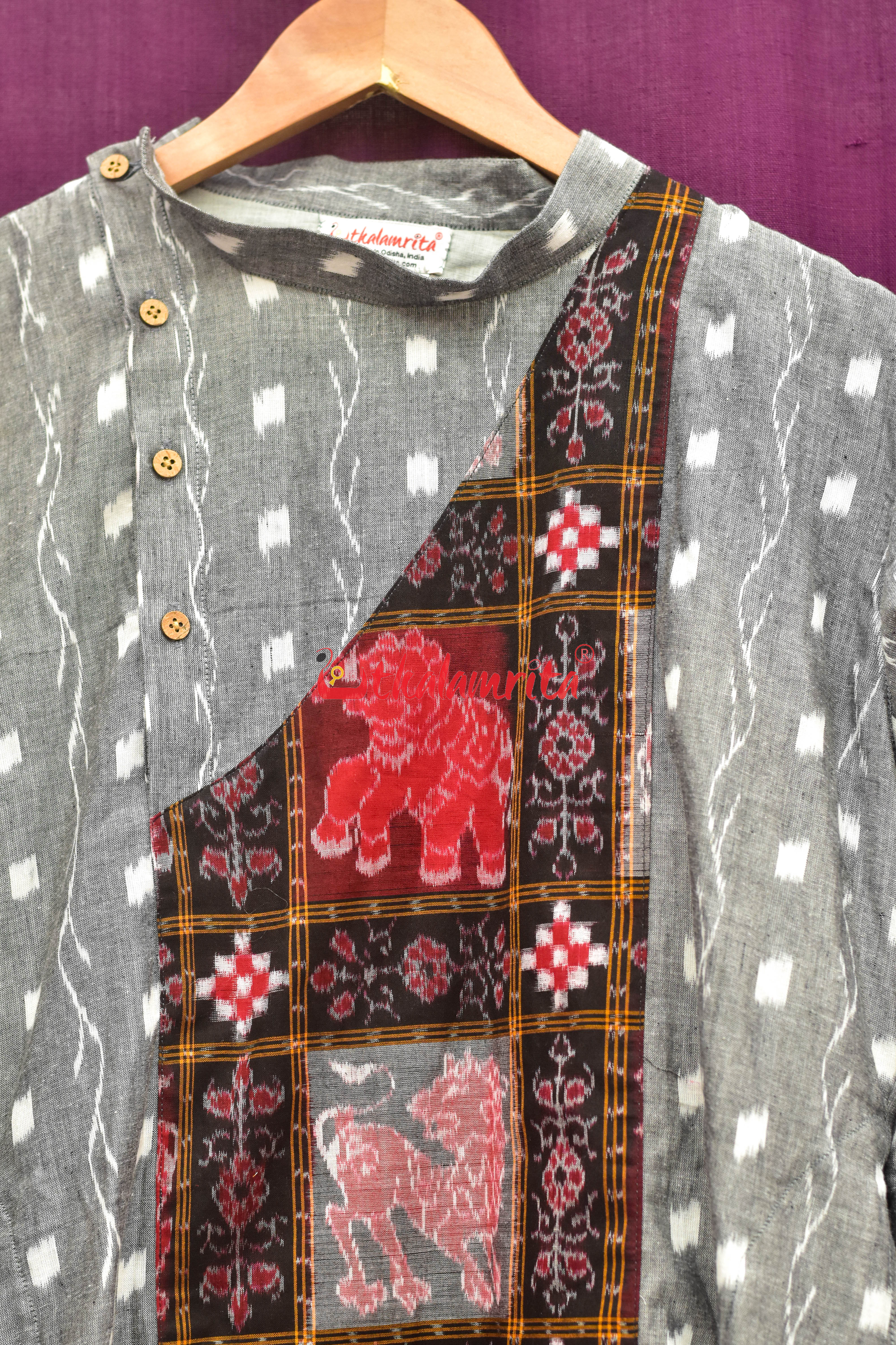 Grey Tipa with Red Elephants Asymmetric (Men's Full Kurta)