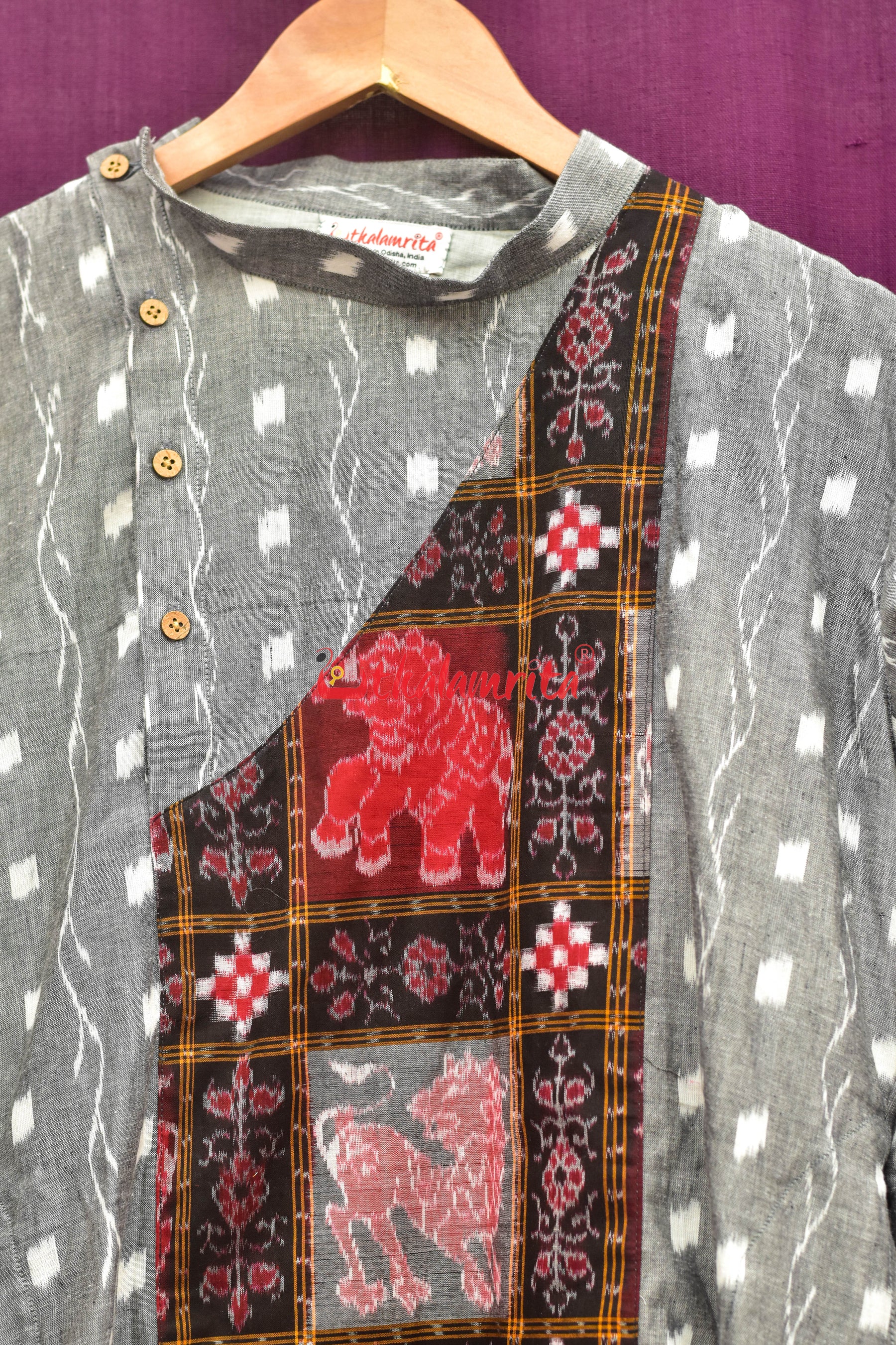 Grey Tipa with Red Elephants Asymmetric (Men's Full Kurta)