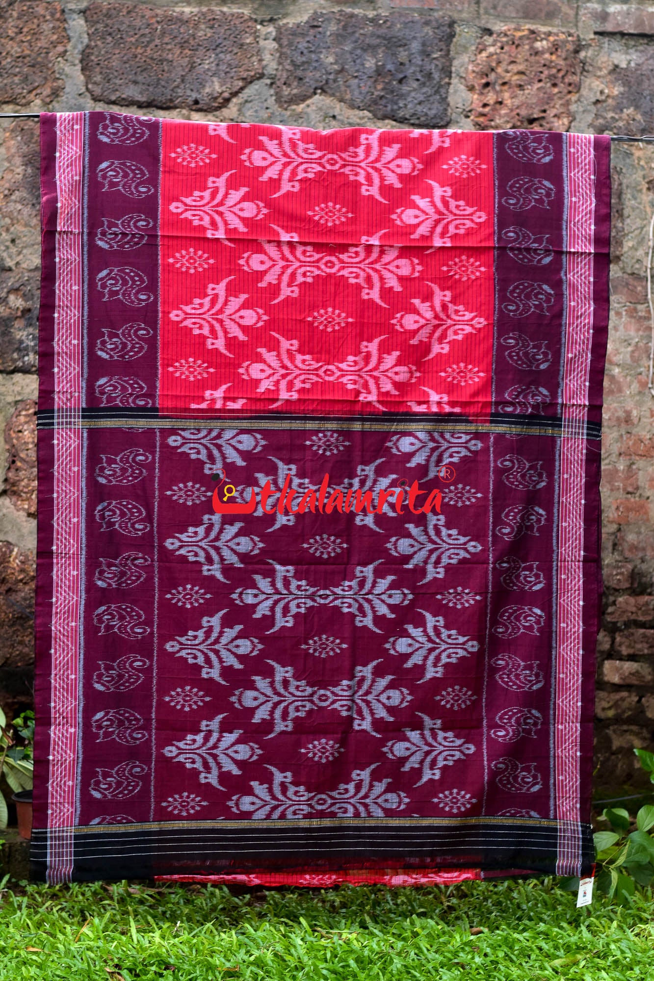 Red Maroon Sankha Khandua Cotton Saree