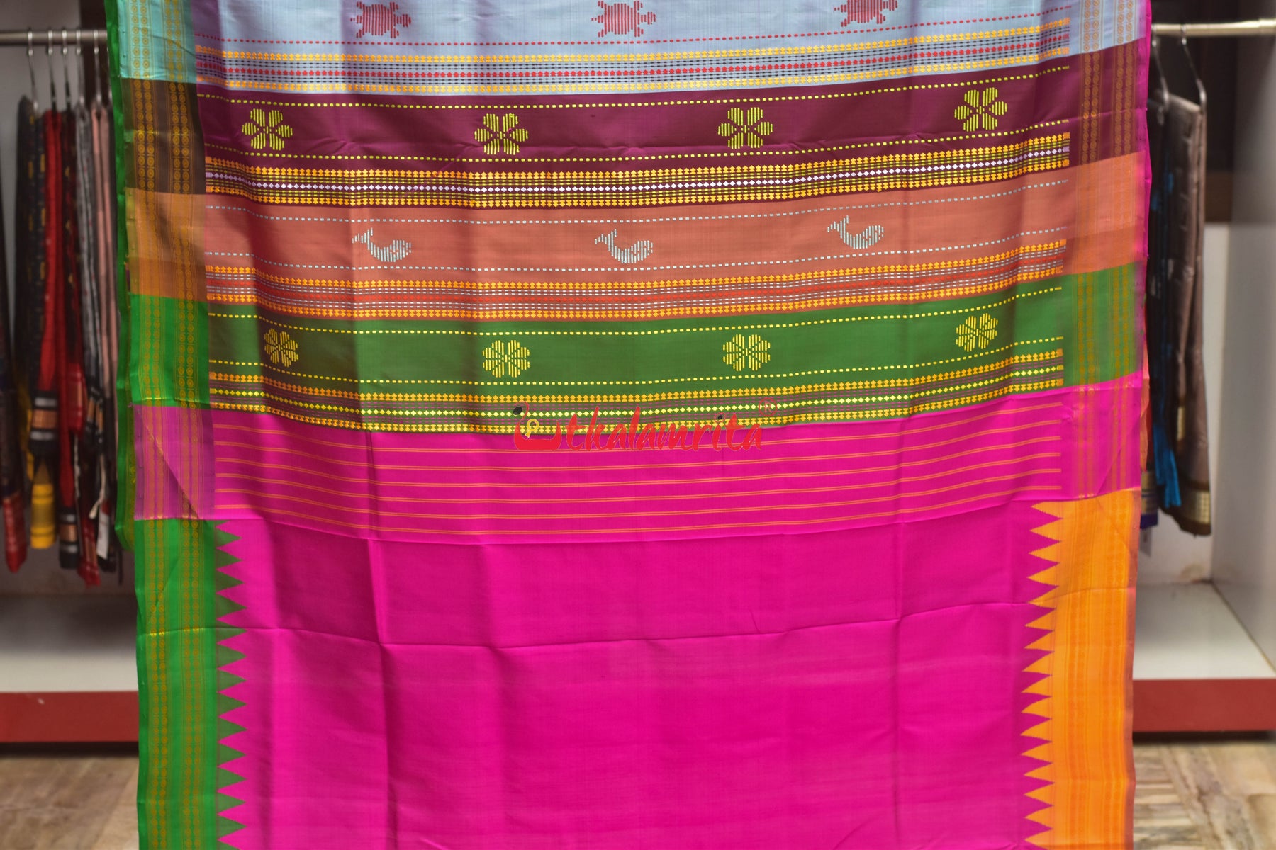 Peel Orange Double Anchal Berhampuri Silk Saree