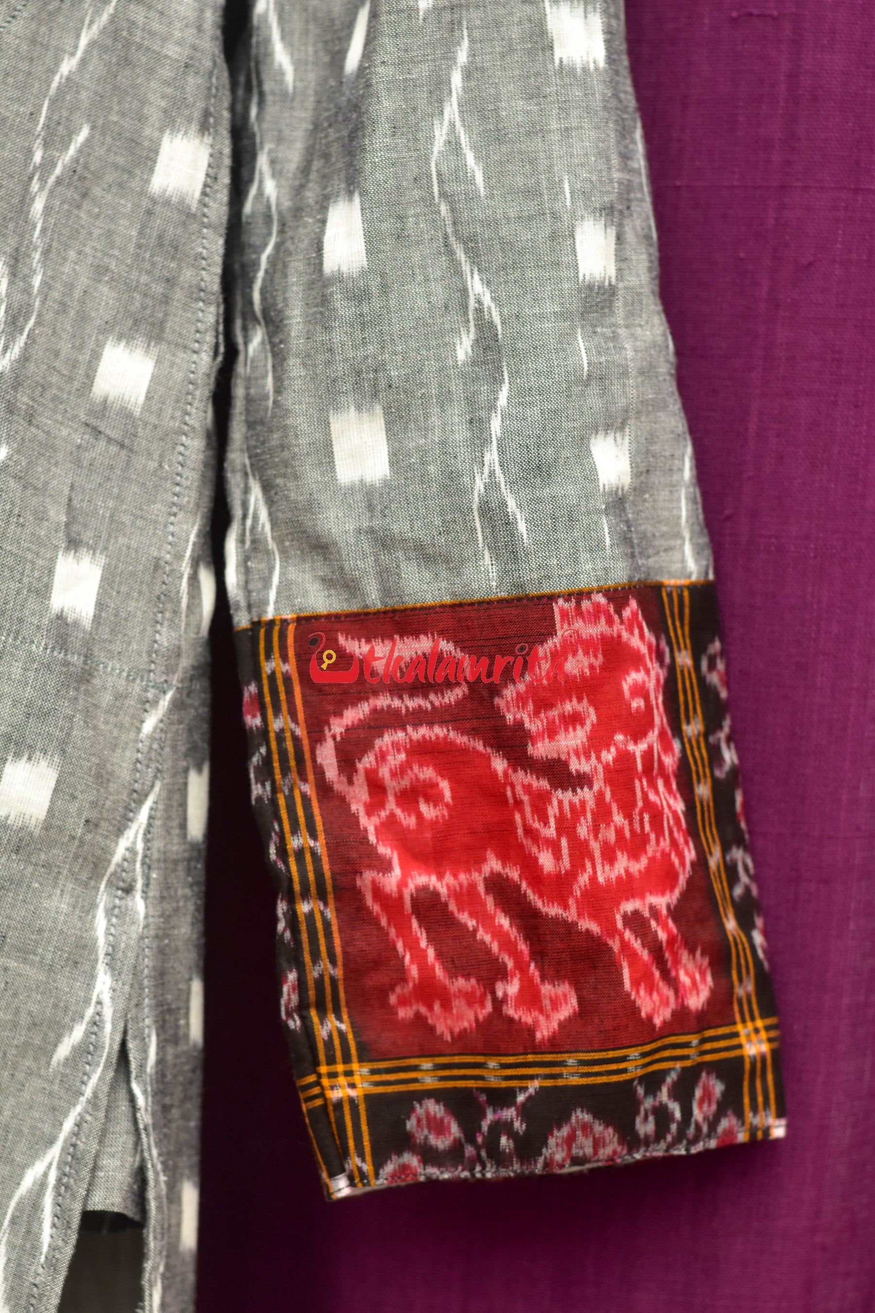 Grey Tipa with Red Elephants Asymmetric (Men's Full Kurta)