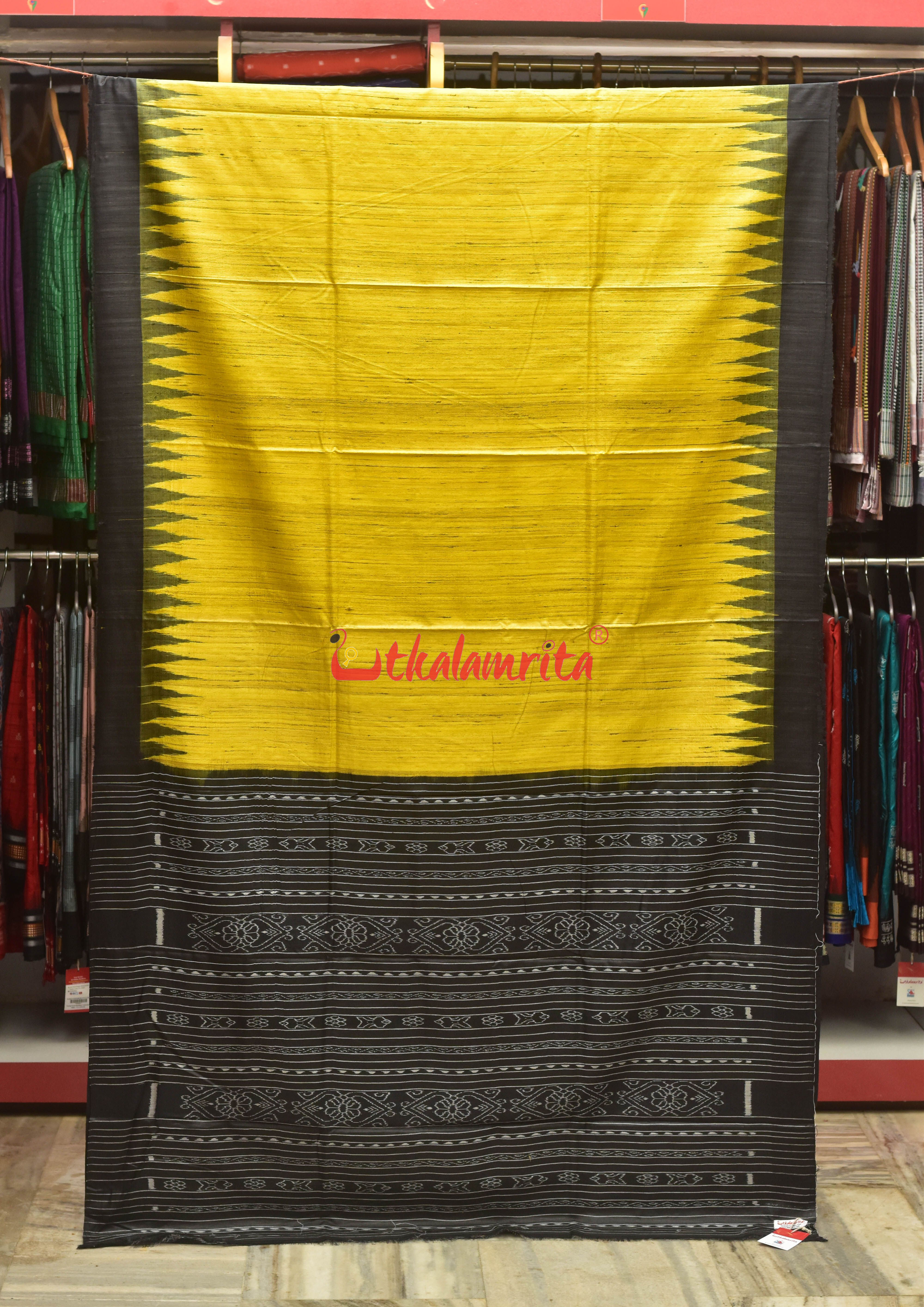 Yellow Black Tussar Ghicha Silk Saree
