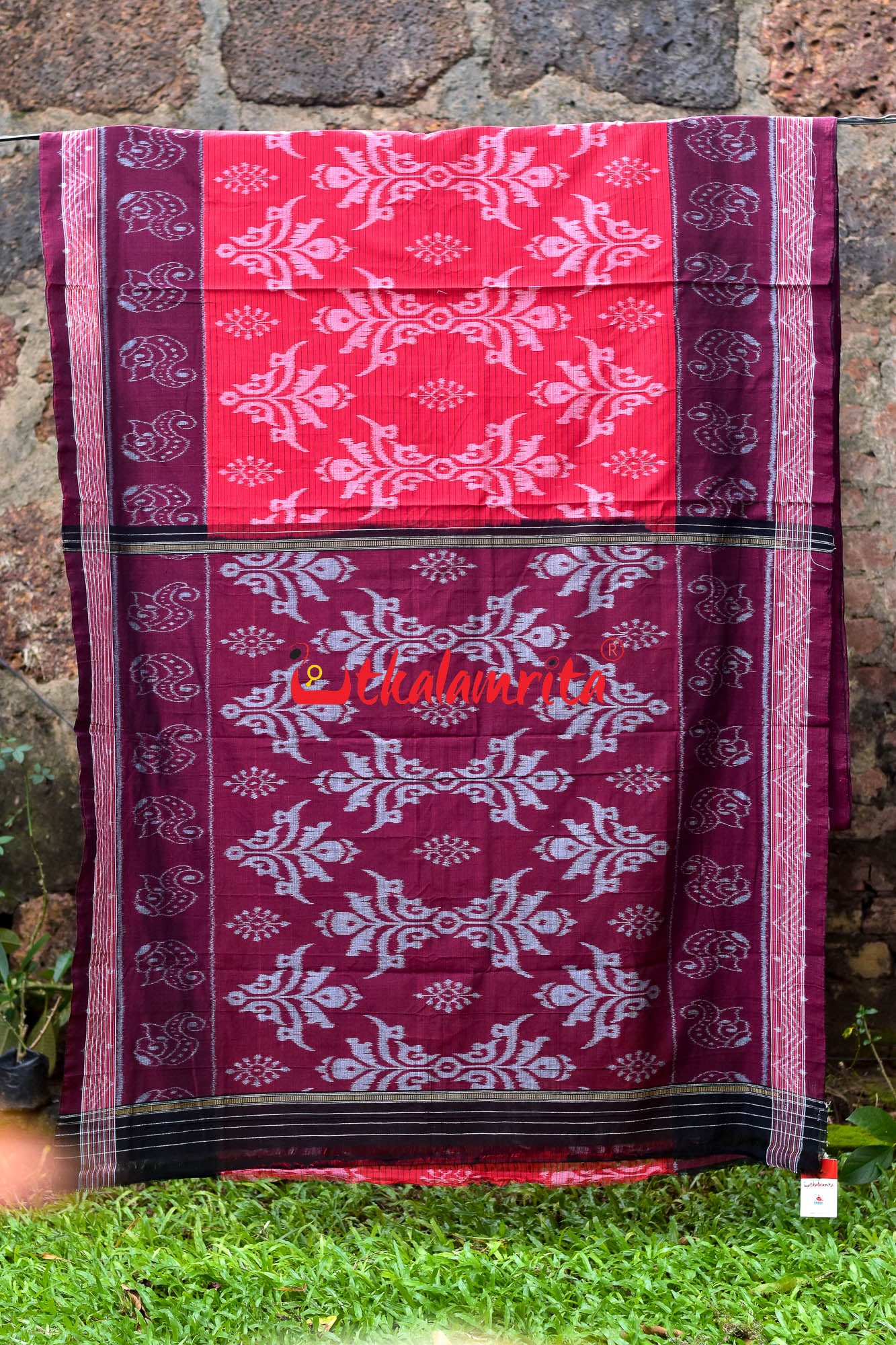 Red Maroon Sankha Khandua Cotton Saree