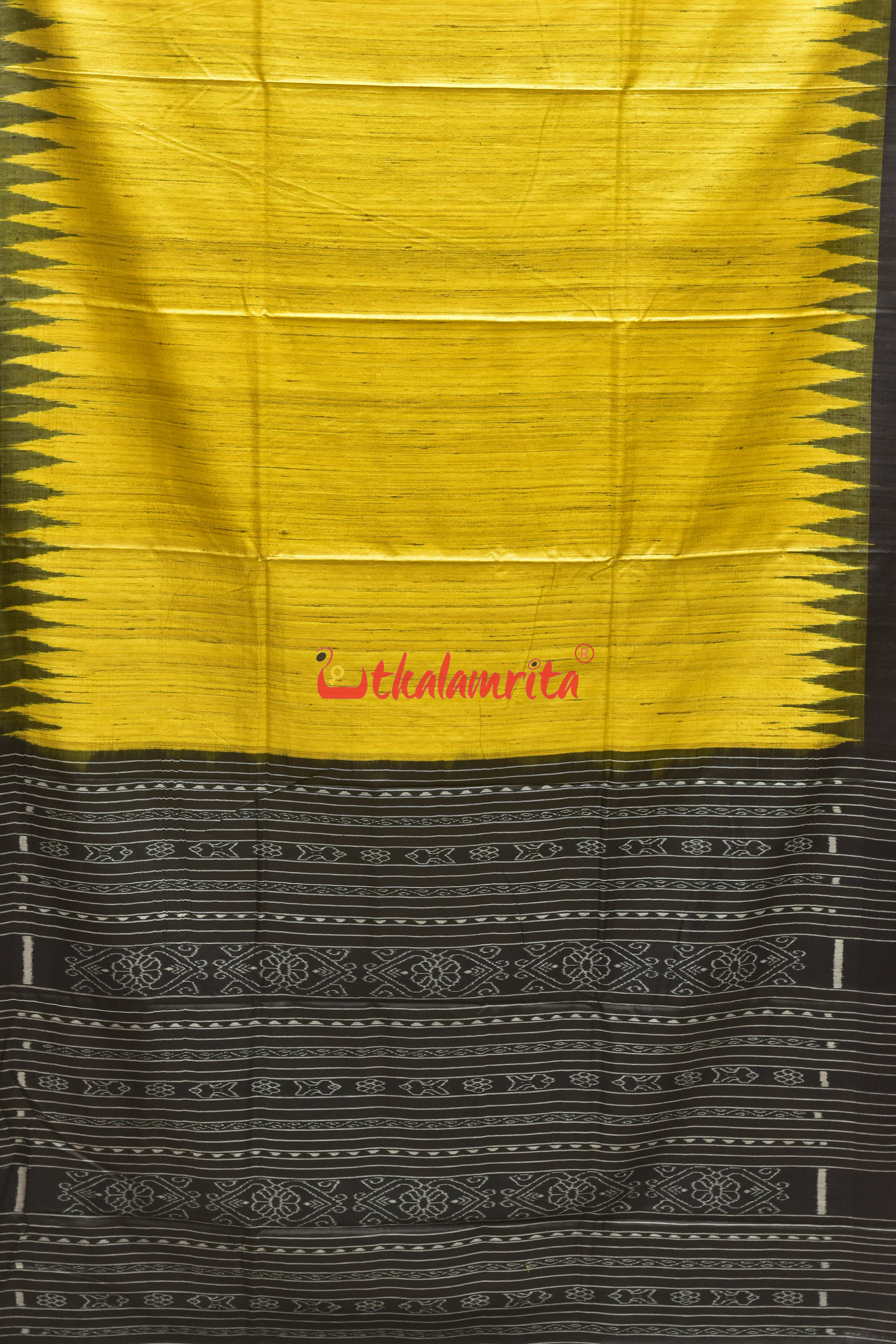 Yellow Black Tussar Ghicha Silk Saree