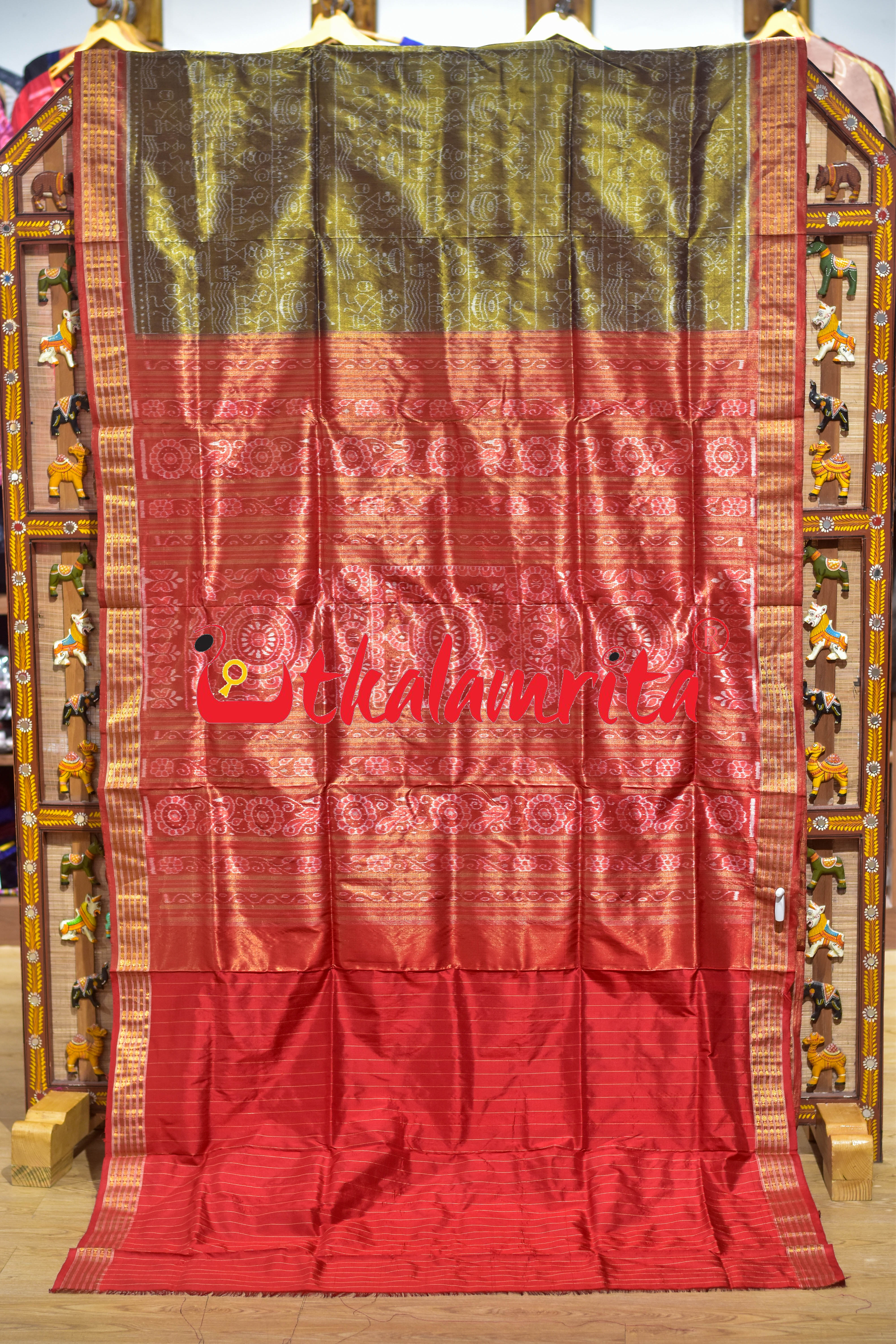 Olive Red Adibasi Full Tissue Sambalpuri Silk Saree