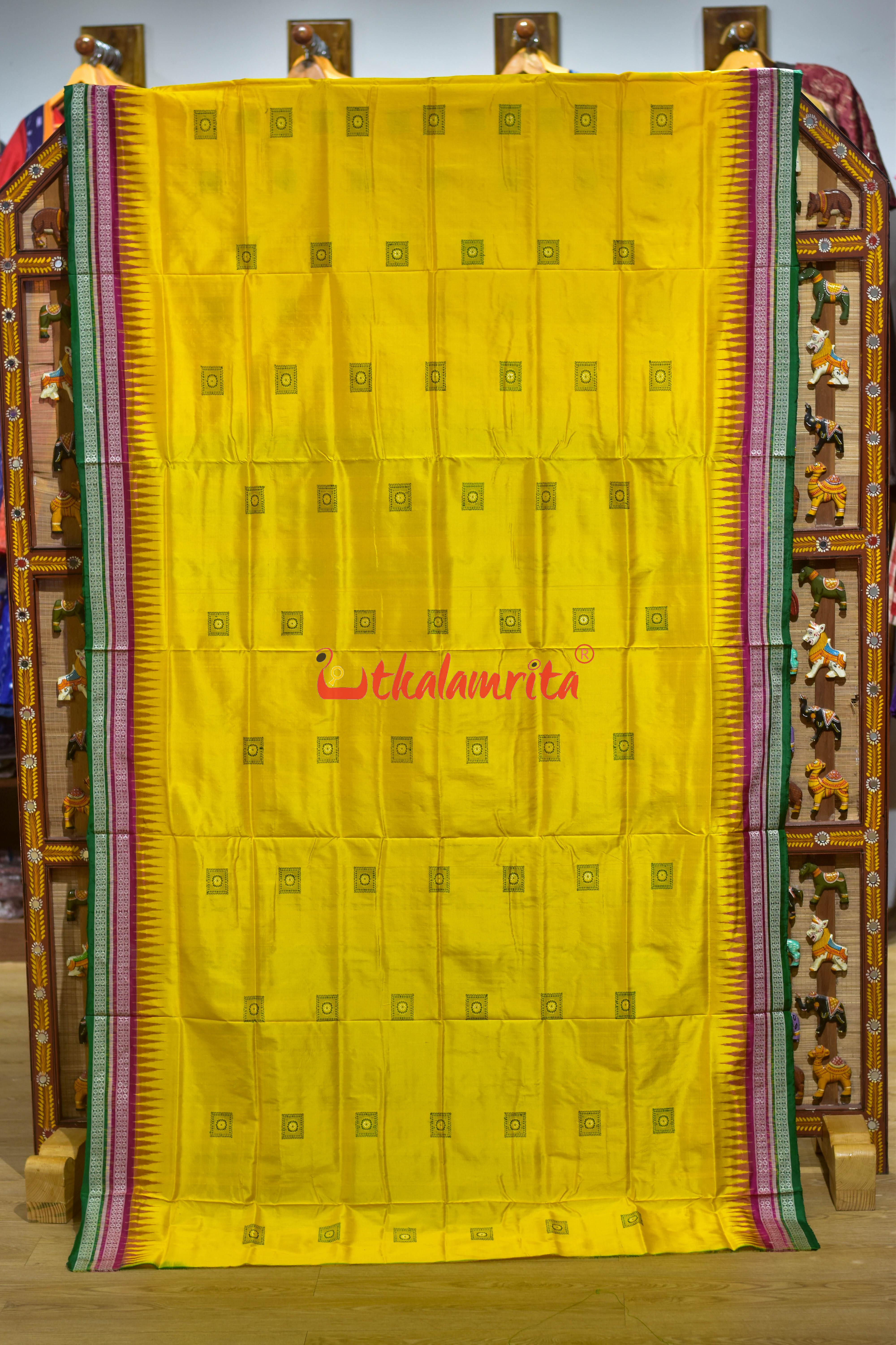 Yellow Rani Green Double Border Bomkai Silk Saree