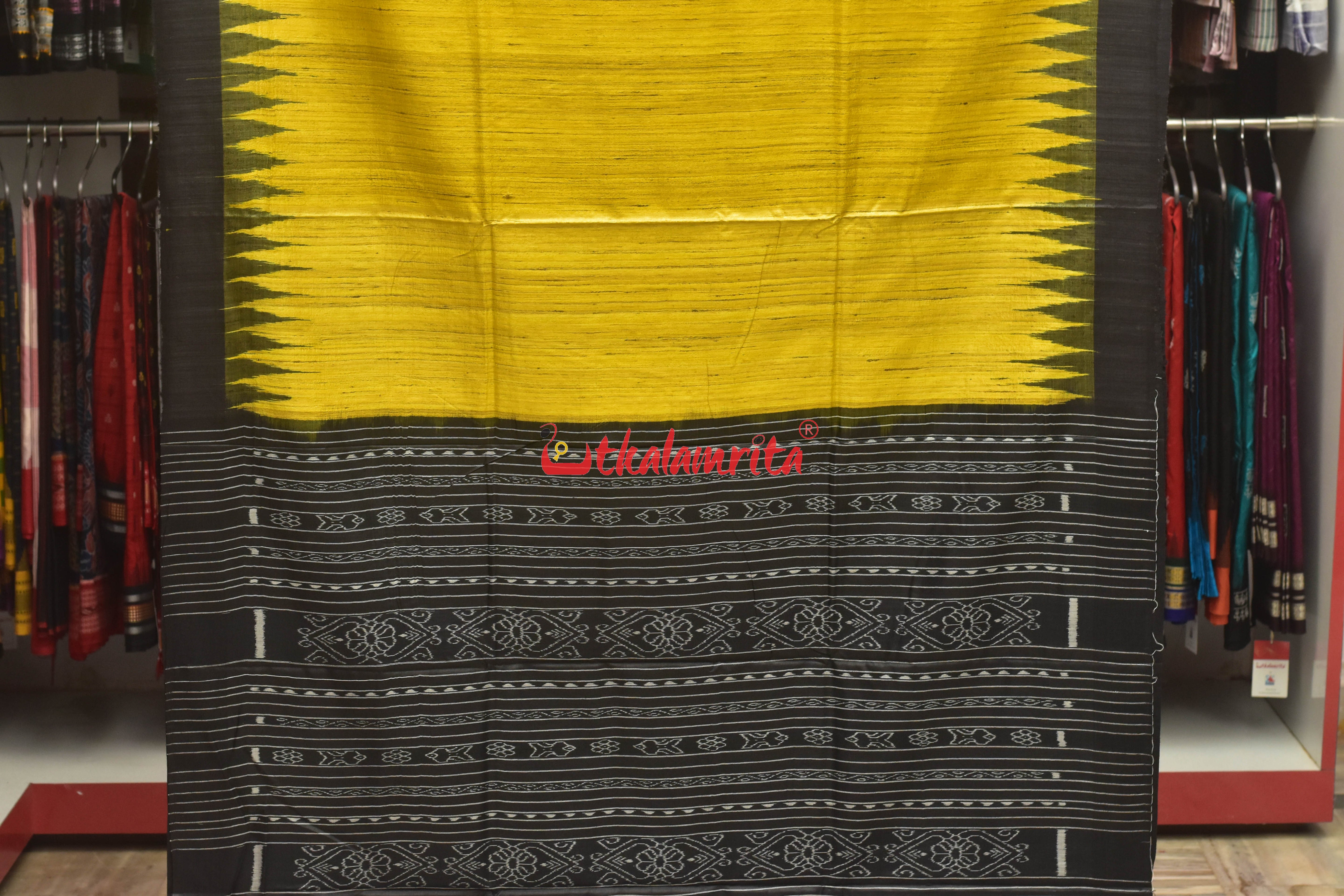 Yellow Black Tussar Ghicha Silk Saree