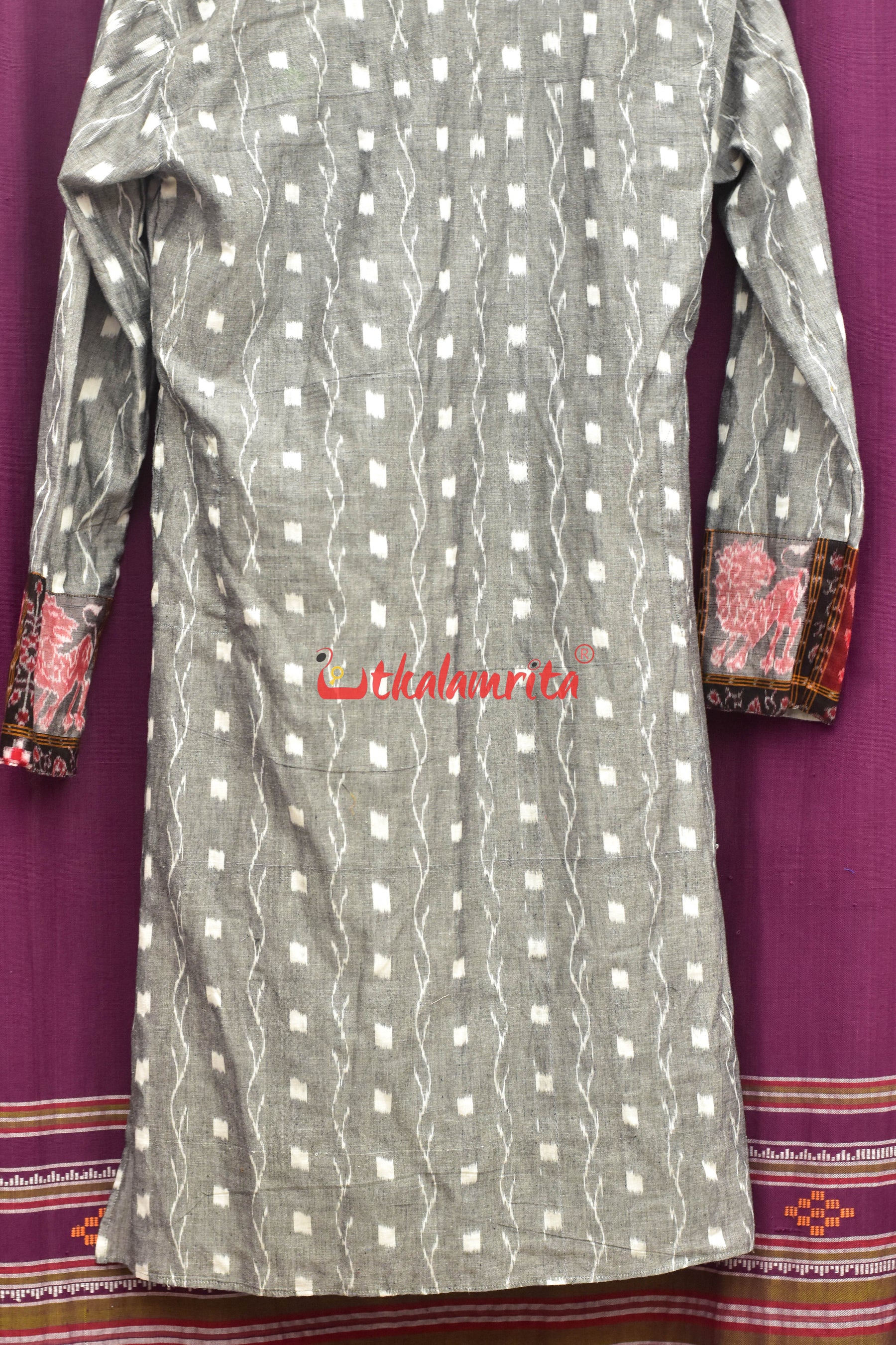 Grey Tipa with Red Elephants Asymmetric (Men's Full Kurta)