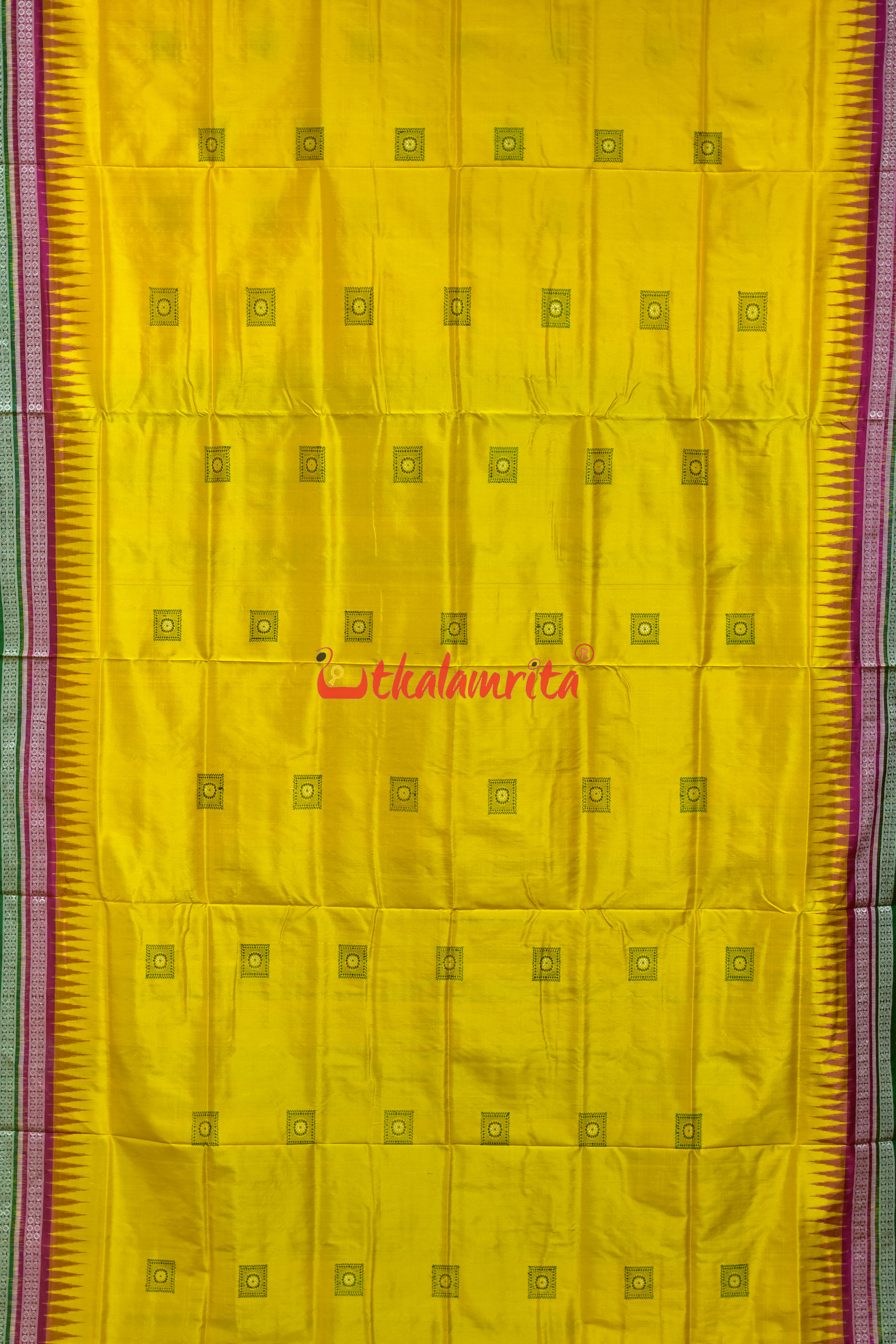 Yellow Rani Green Double Border Bomkai Silk Saree