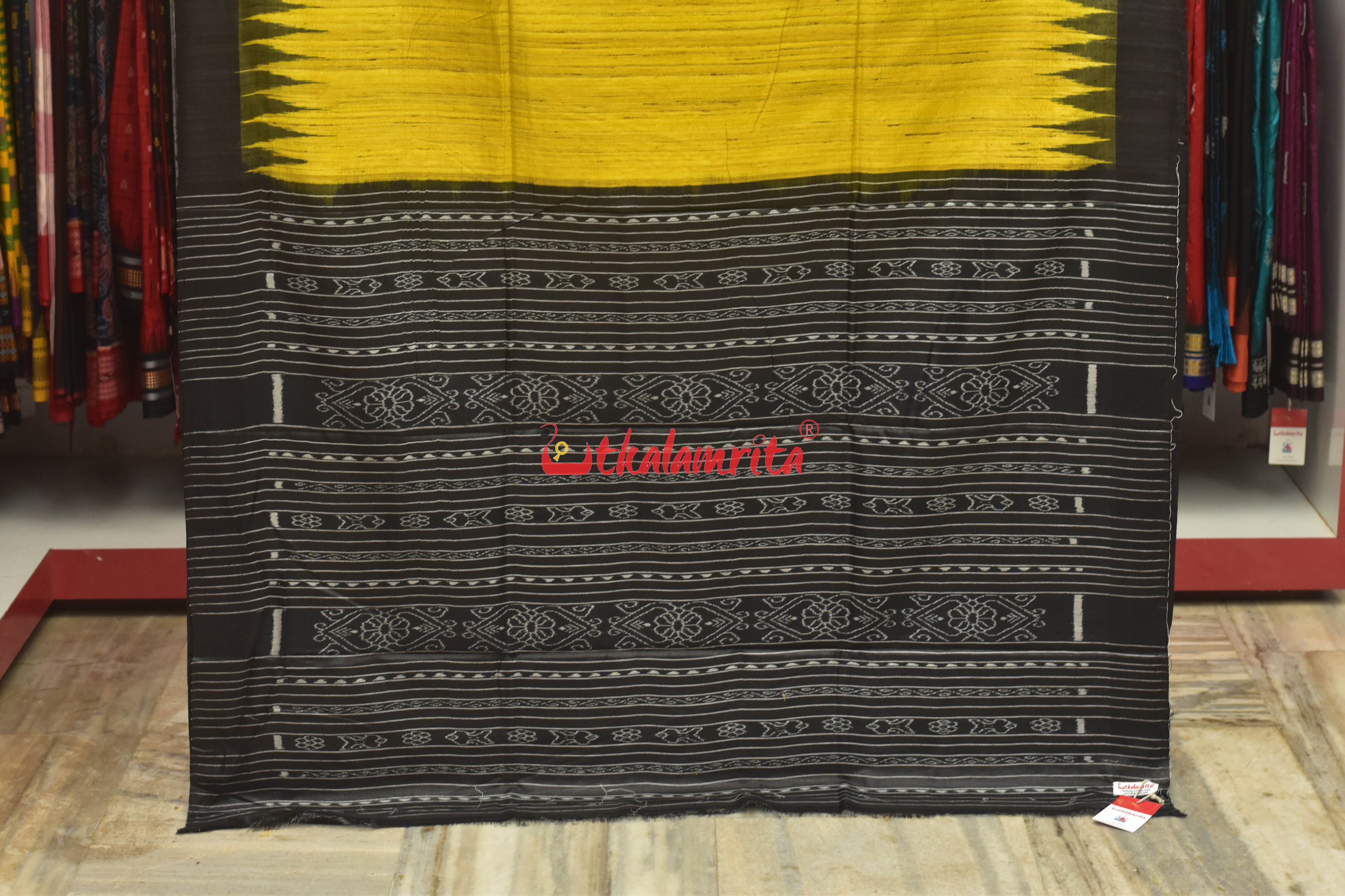 Yellow Black Tussar Ghicha Silk Saree