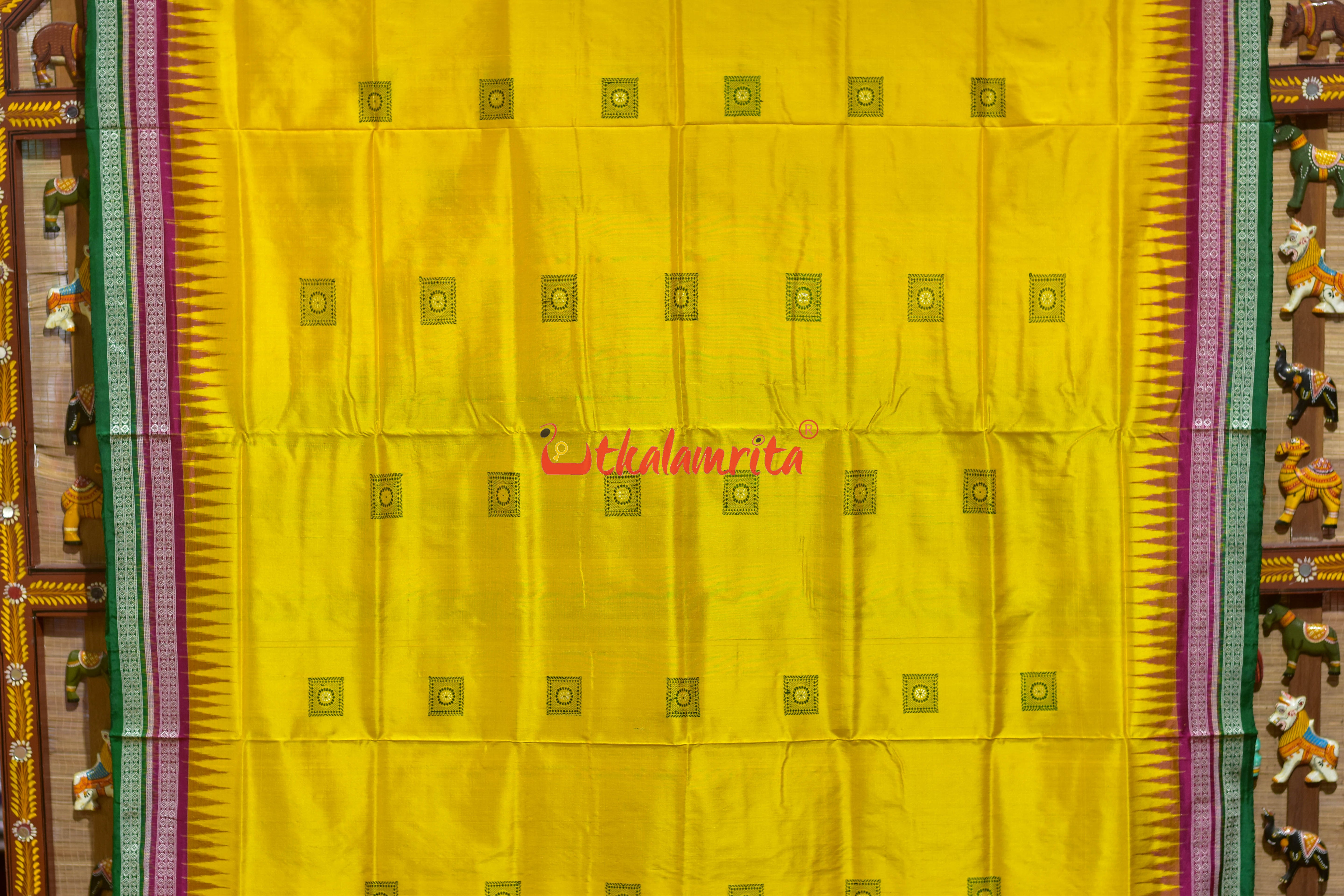 Yellow Rani Green Double Border Bomkai Silk Saree