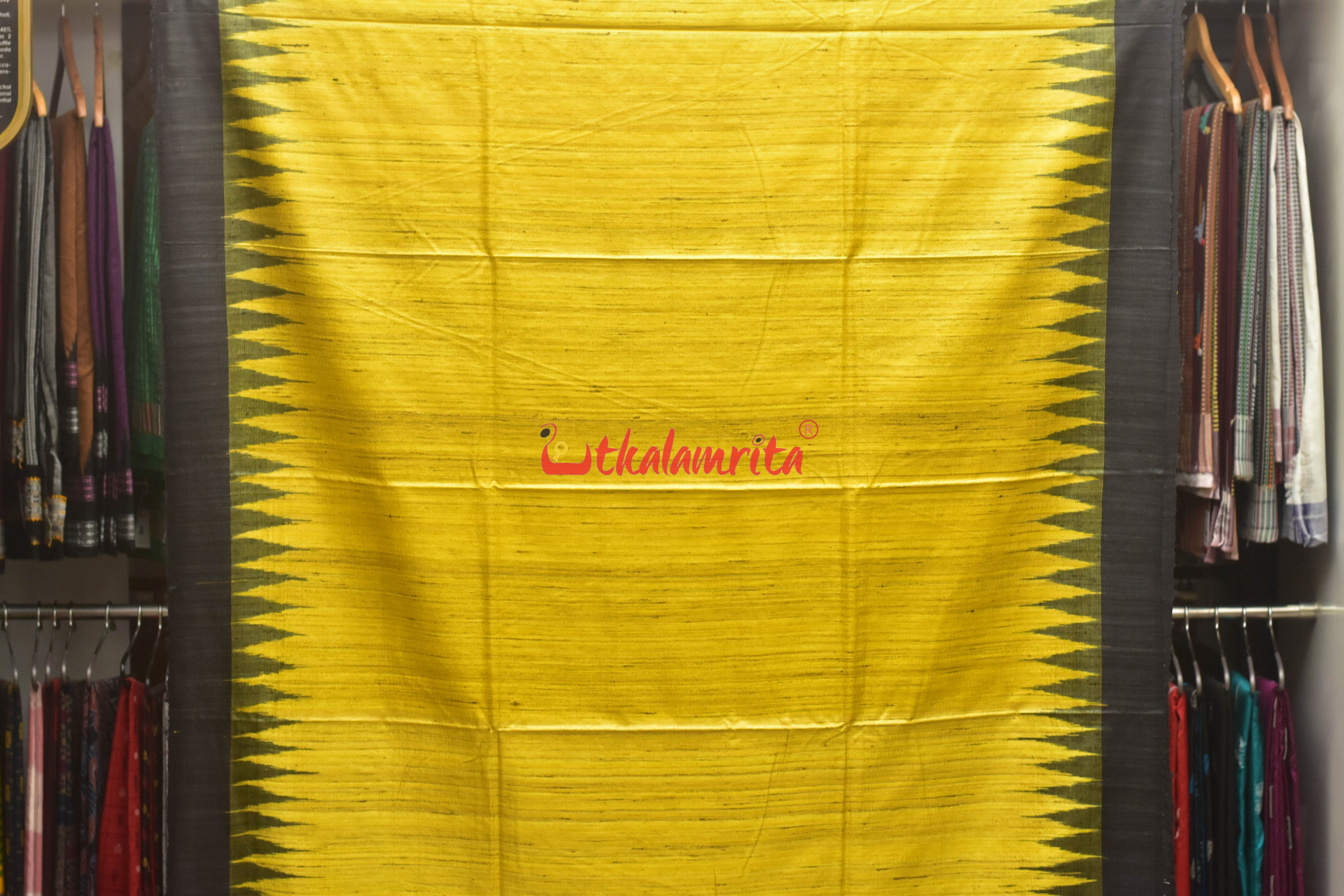 Yellow Black Tussar Ghicha Silk Saree