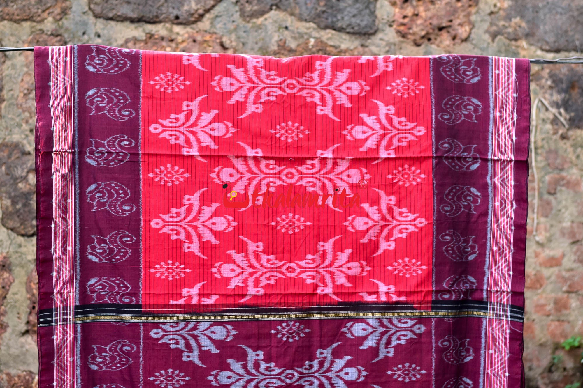 Red Maroon Sankha Khandua Cotton Saree