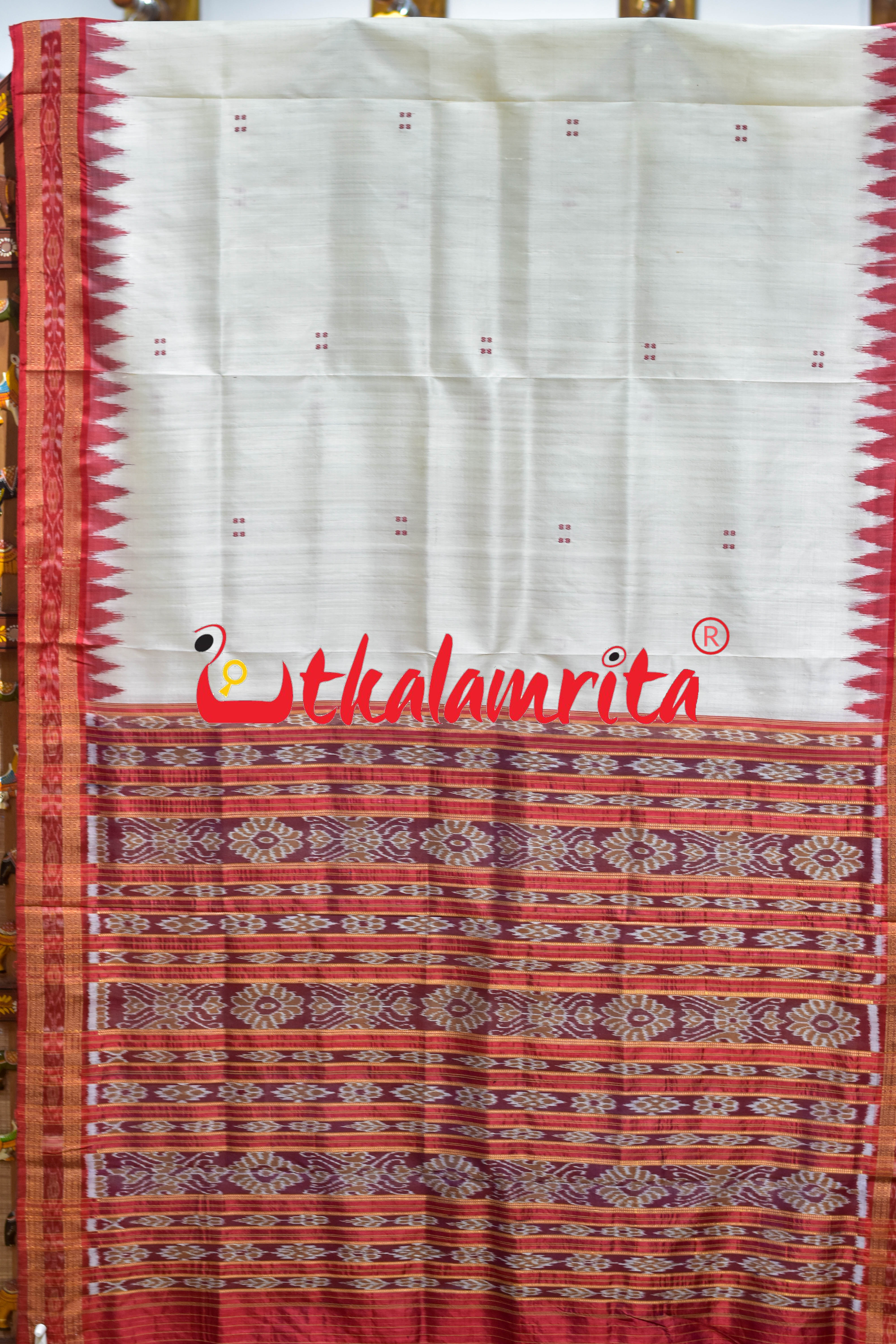 White Red Buti Khandua Silk Saree