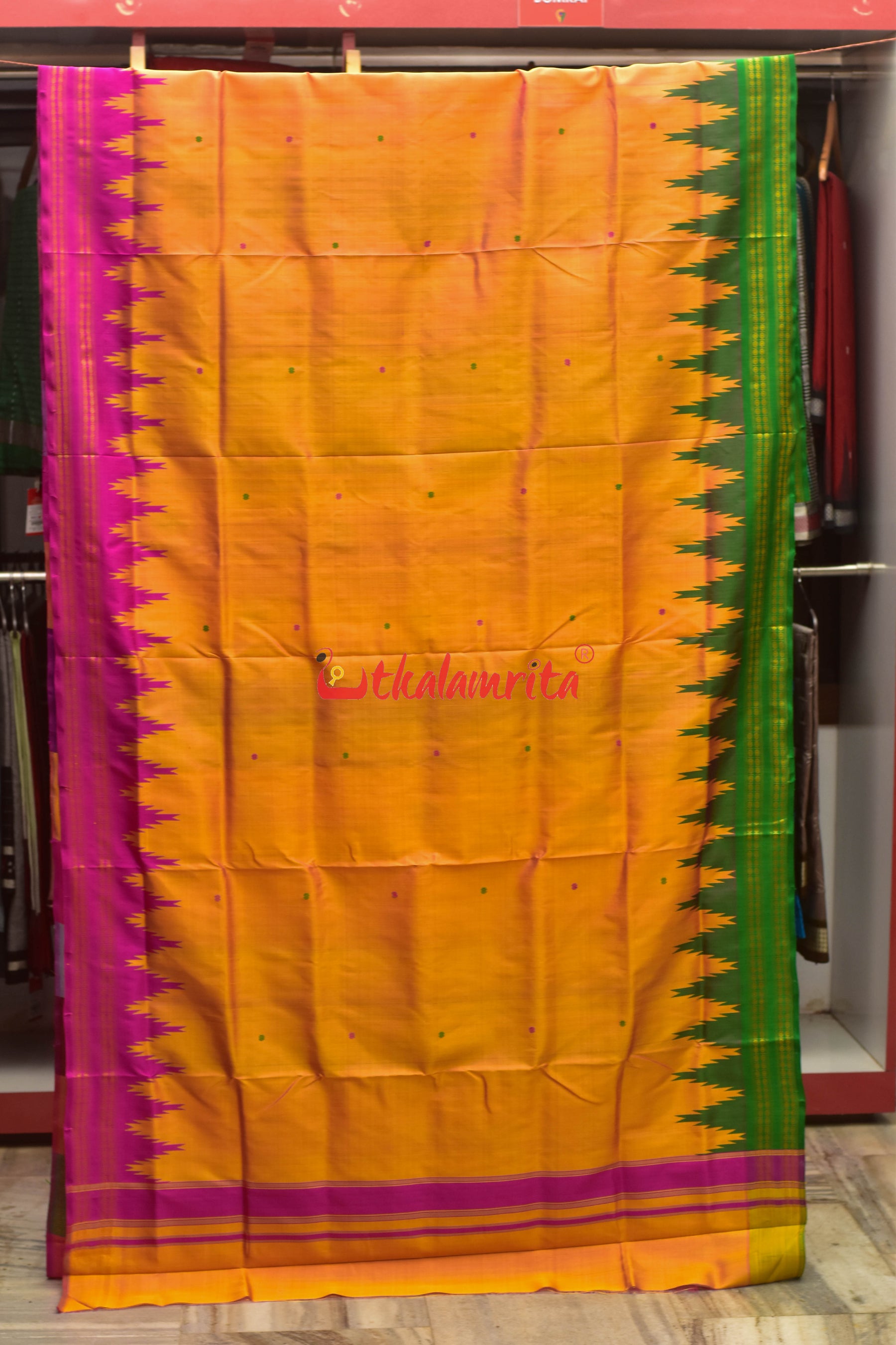 Peel Orange Double Anchal Berhampuri Silk Saree