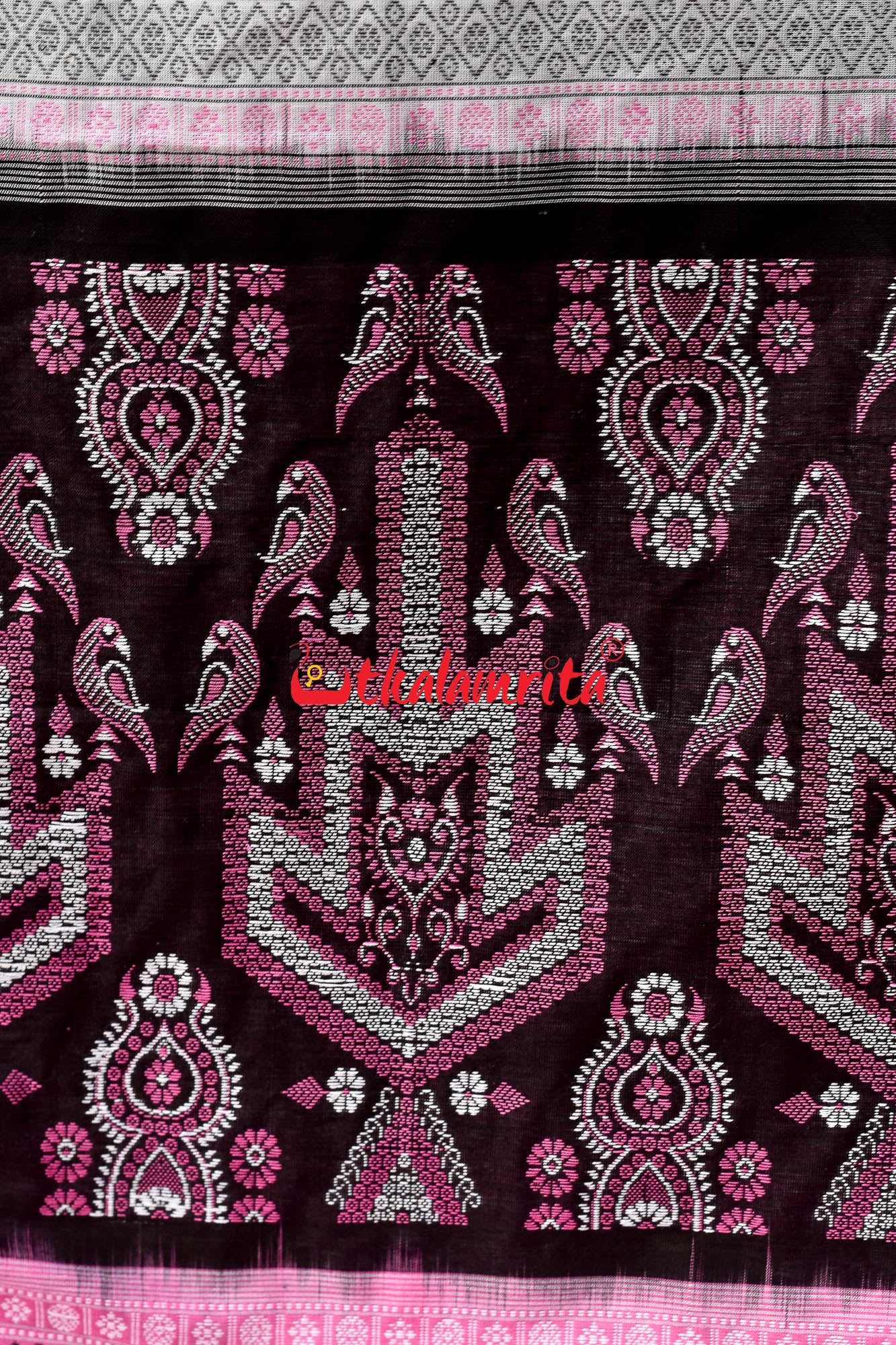 Black Pink Flower Bomkai Cotton Saree