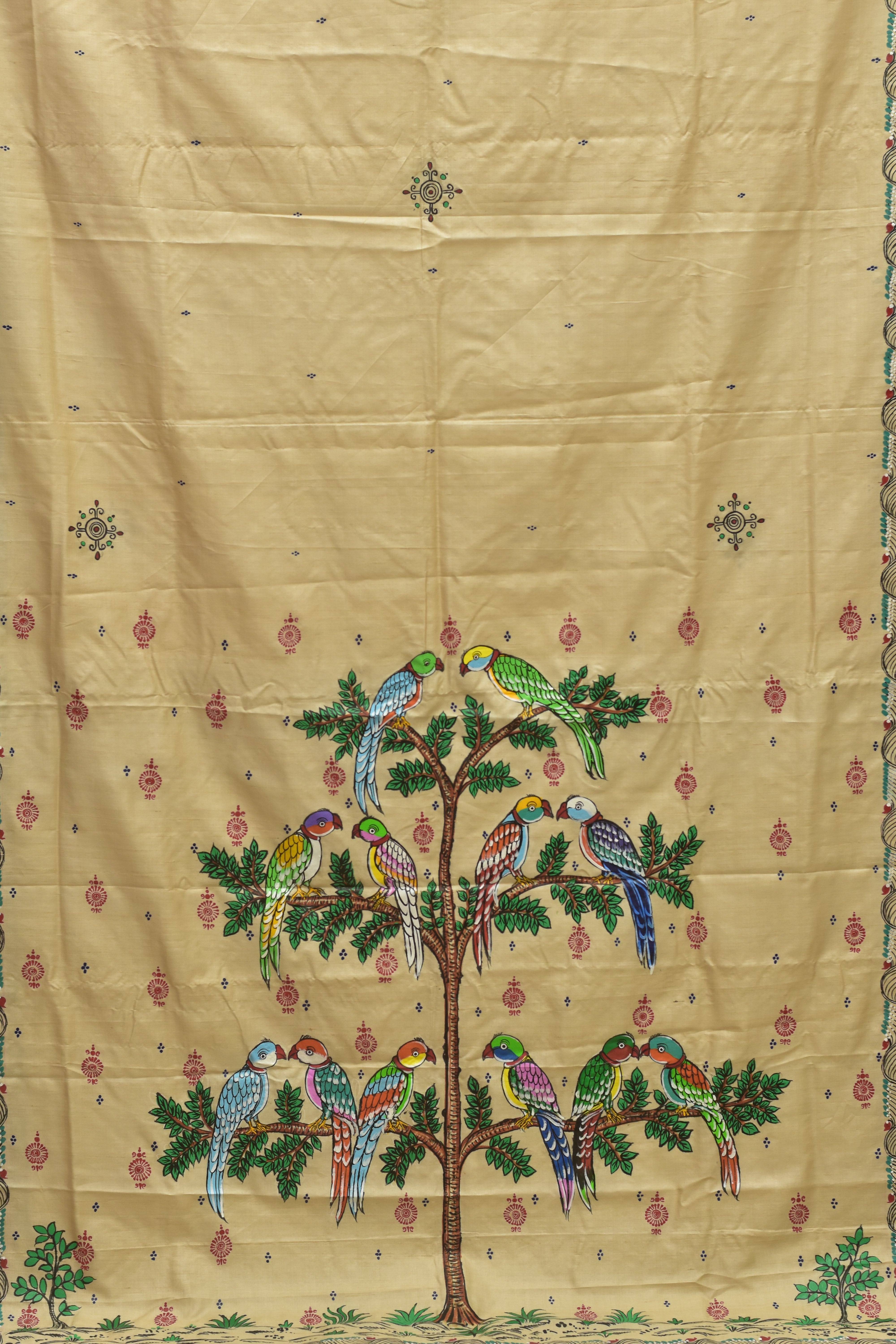 Dozen Parrots Pattachitra Tussar Silk Saree