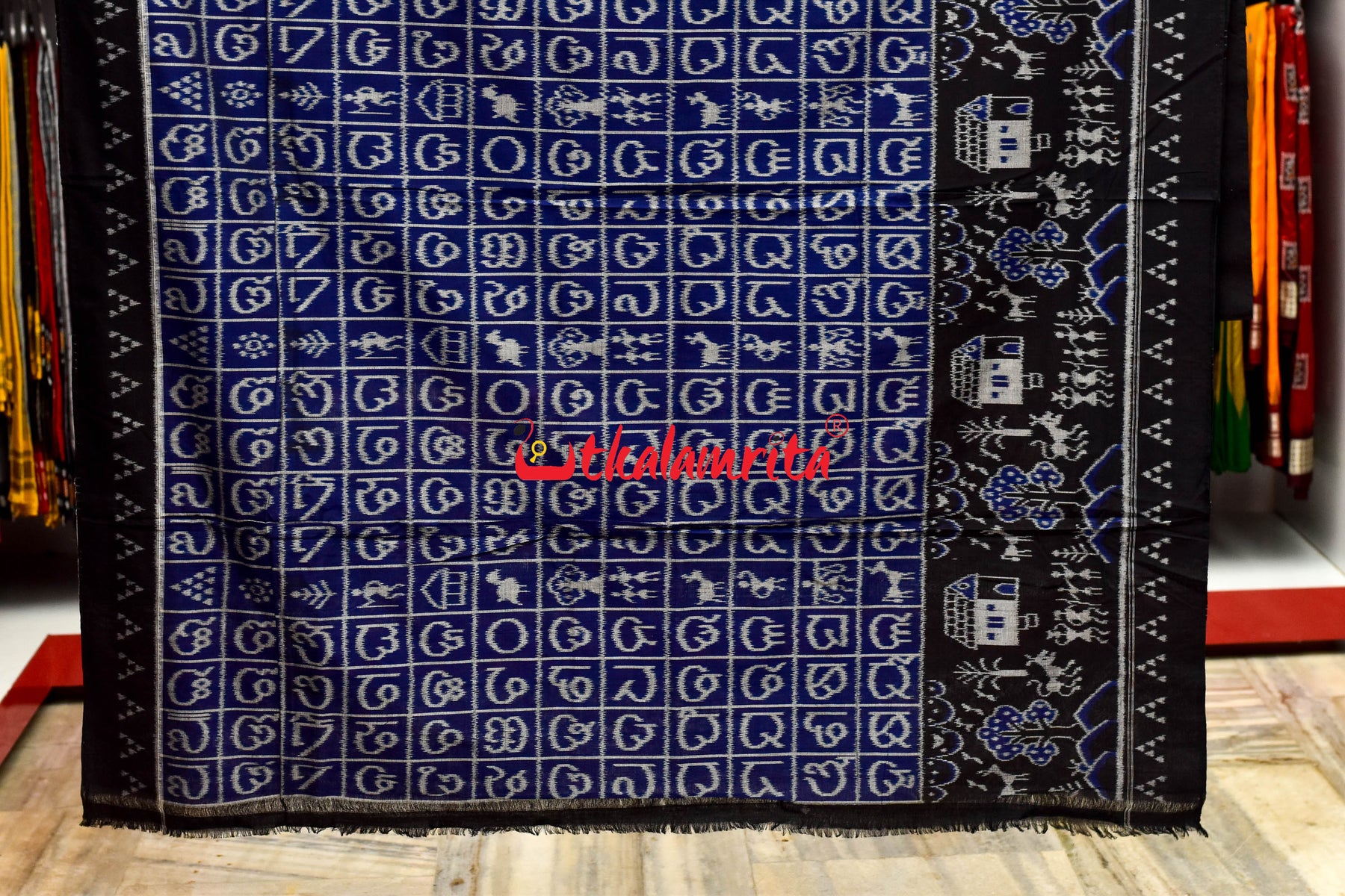 Blue Odia Alphabets Khandua Cotton Saree