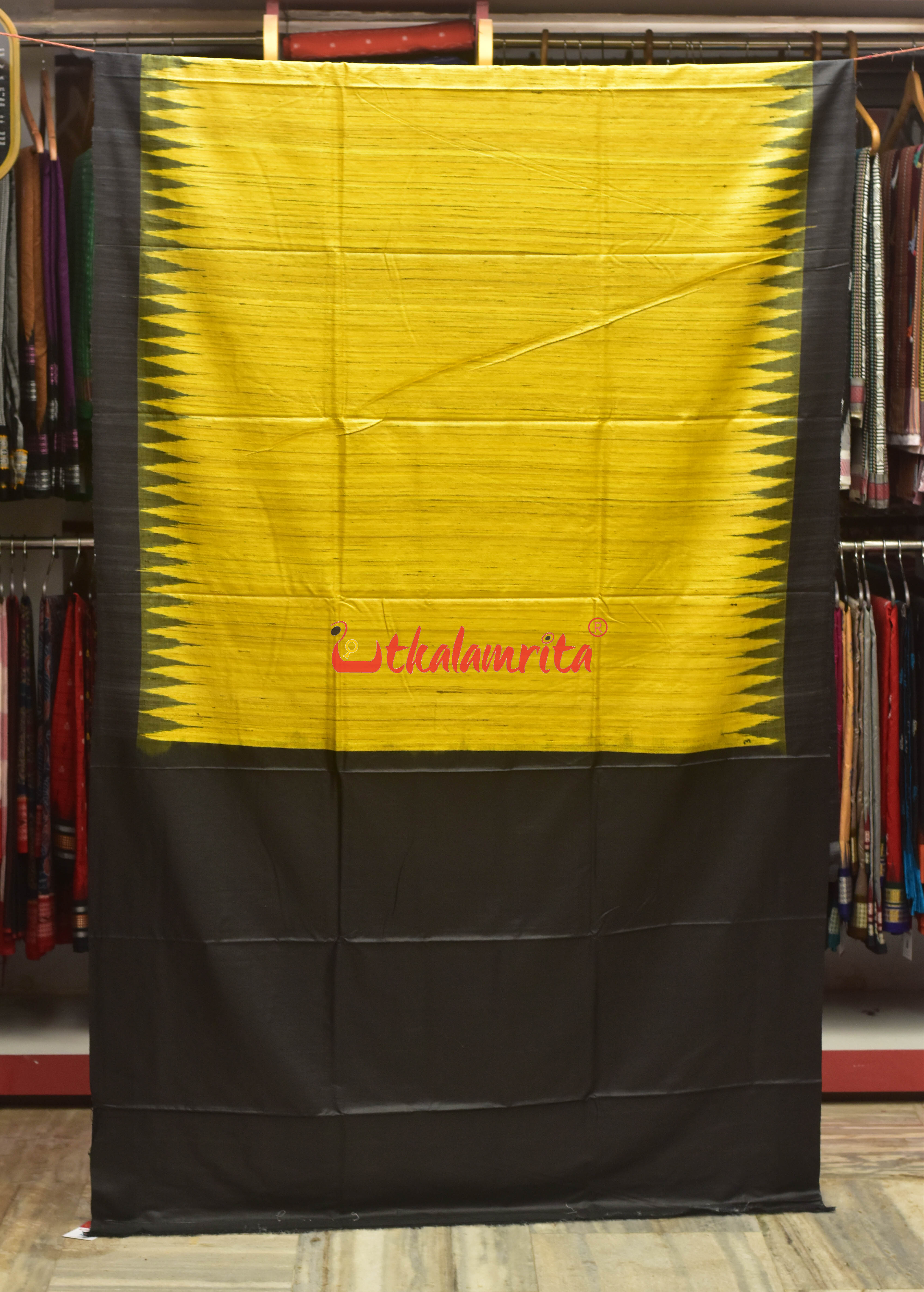 Yellow Black Tussar Ghicha Silk Saree