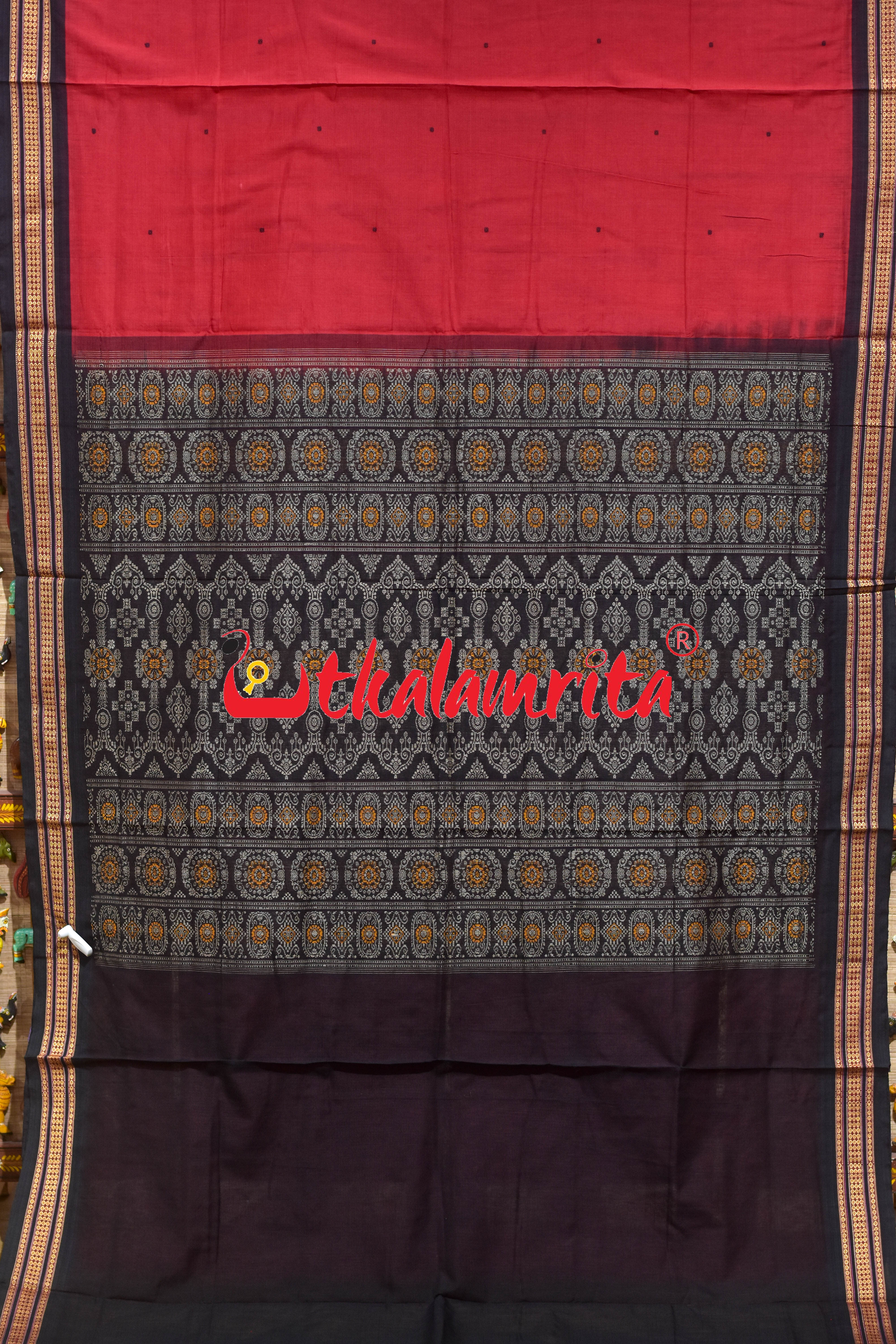 Red Black Buti Bomkai Cotton Saree